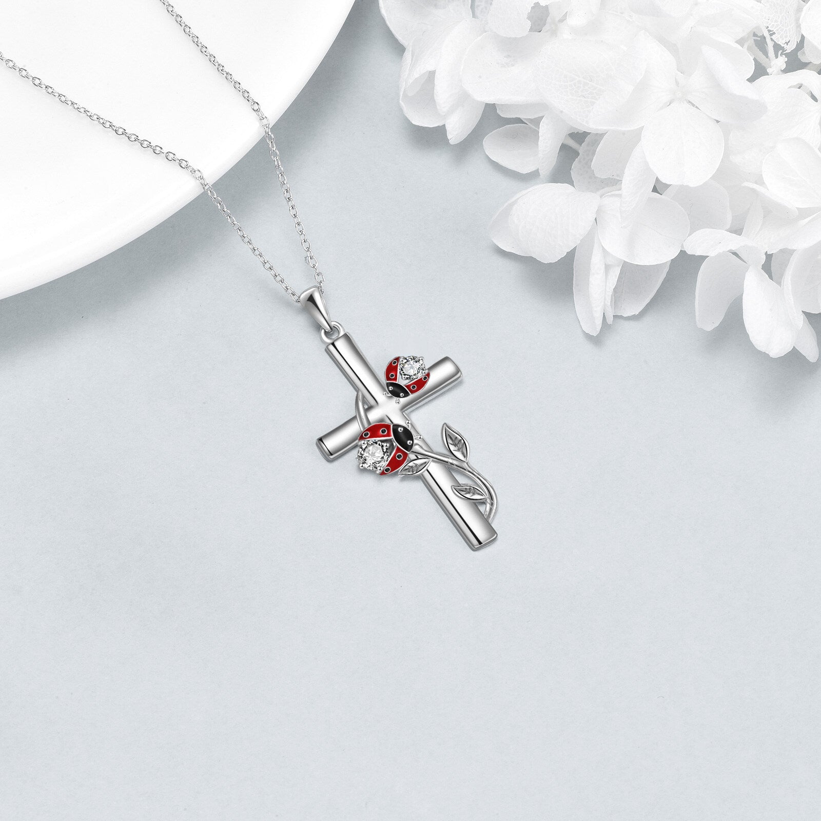 Sterling Silver Cubic Zirconia Ladybug & Cross Pendant Necklace