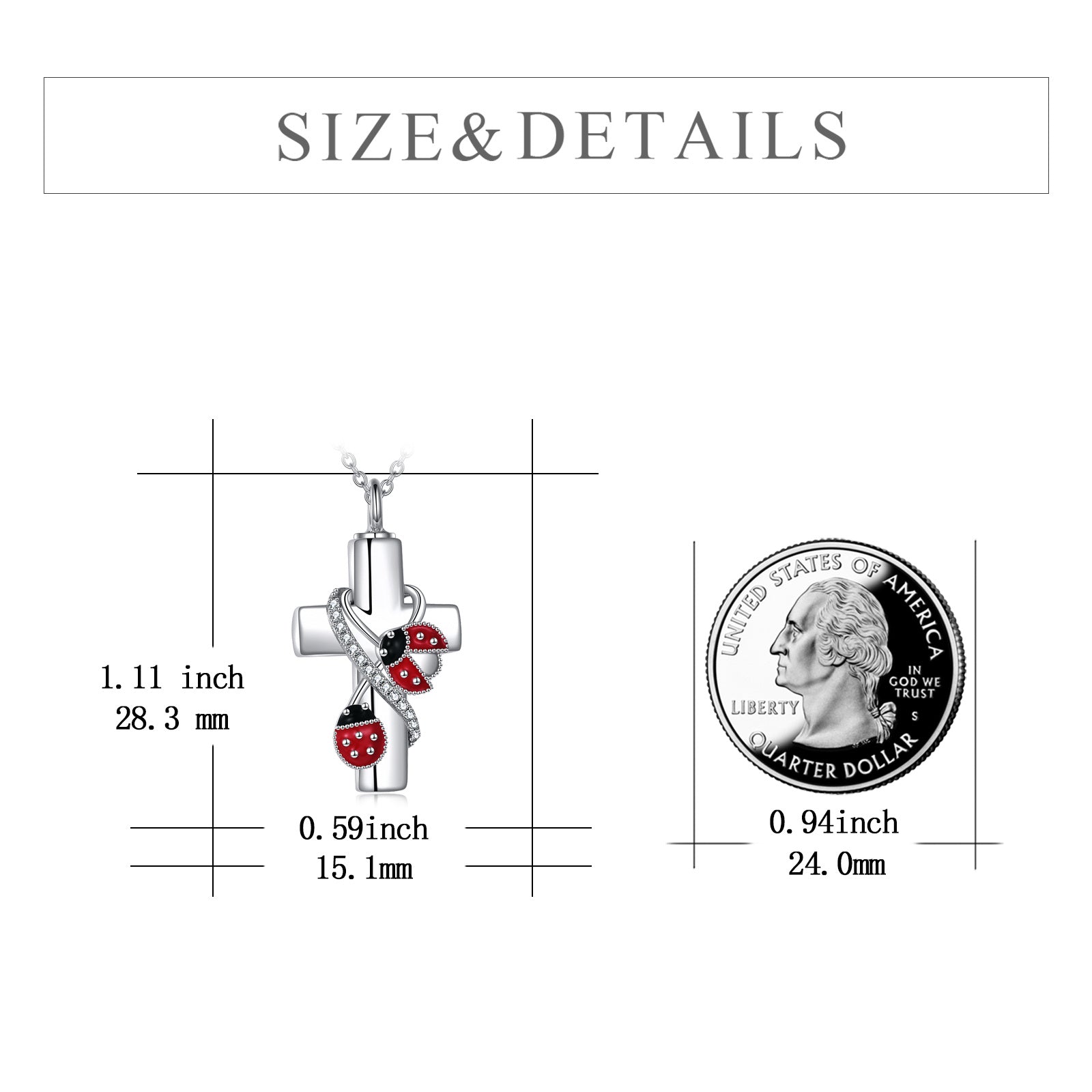Sterling Silver Cubic Zirconia Ladybug & Cross Urn Necklace for Ashes with Engraved Word