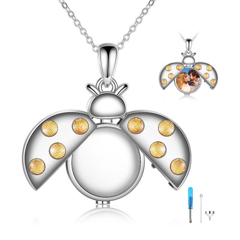 Sterling Silver Ladybug Urn Necklace for Ashes with Engraved Word