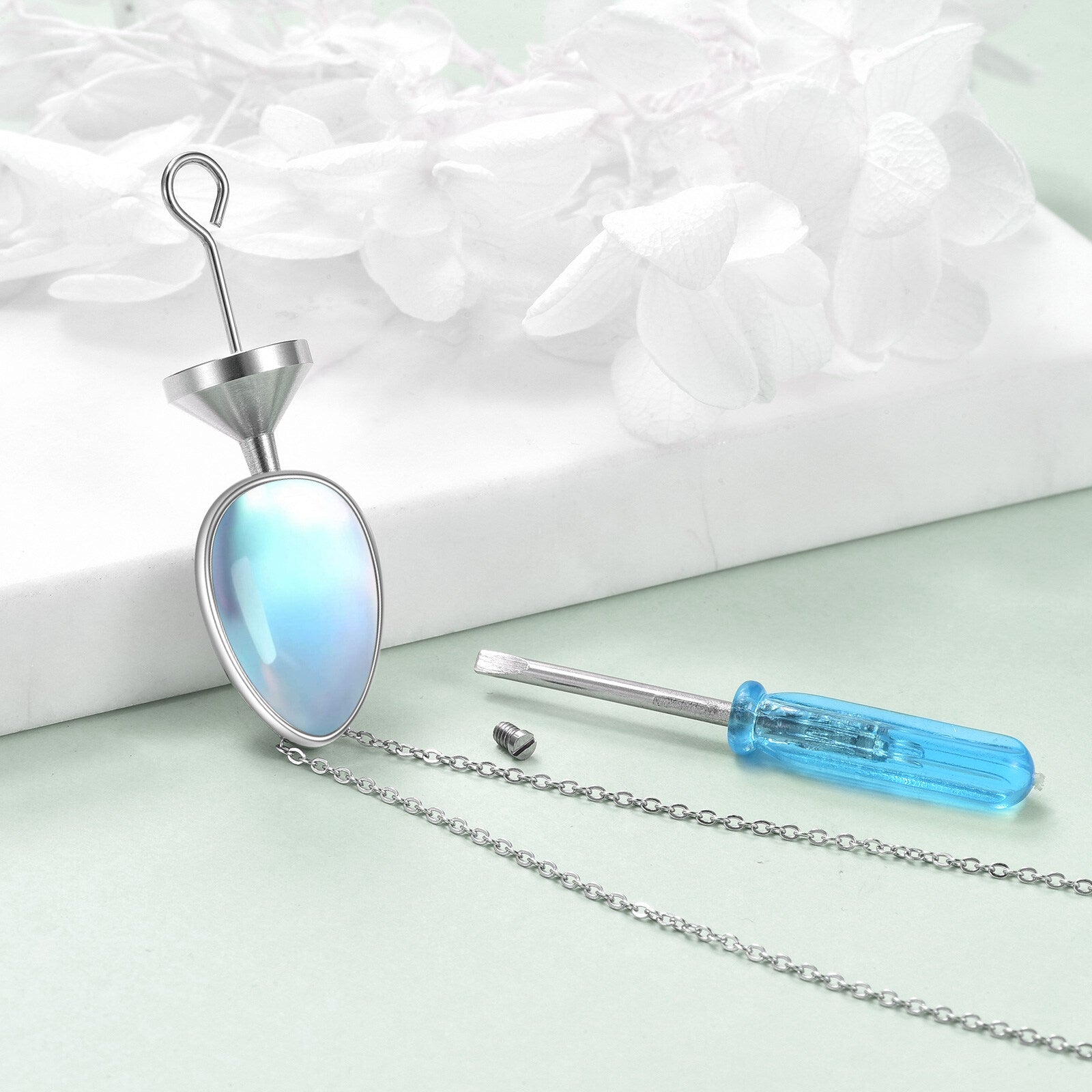 Sterling Silver Lake Blue Moonstone Drop Shape Urn Necklace for Ashes