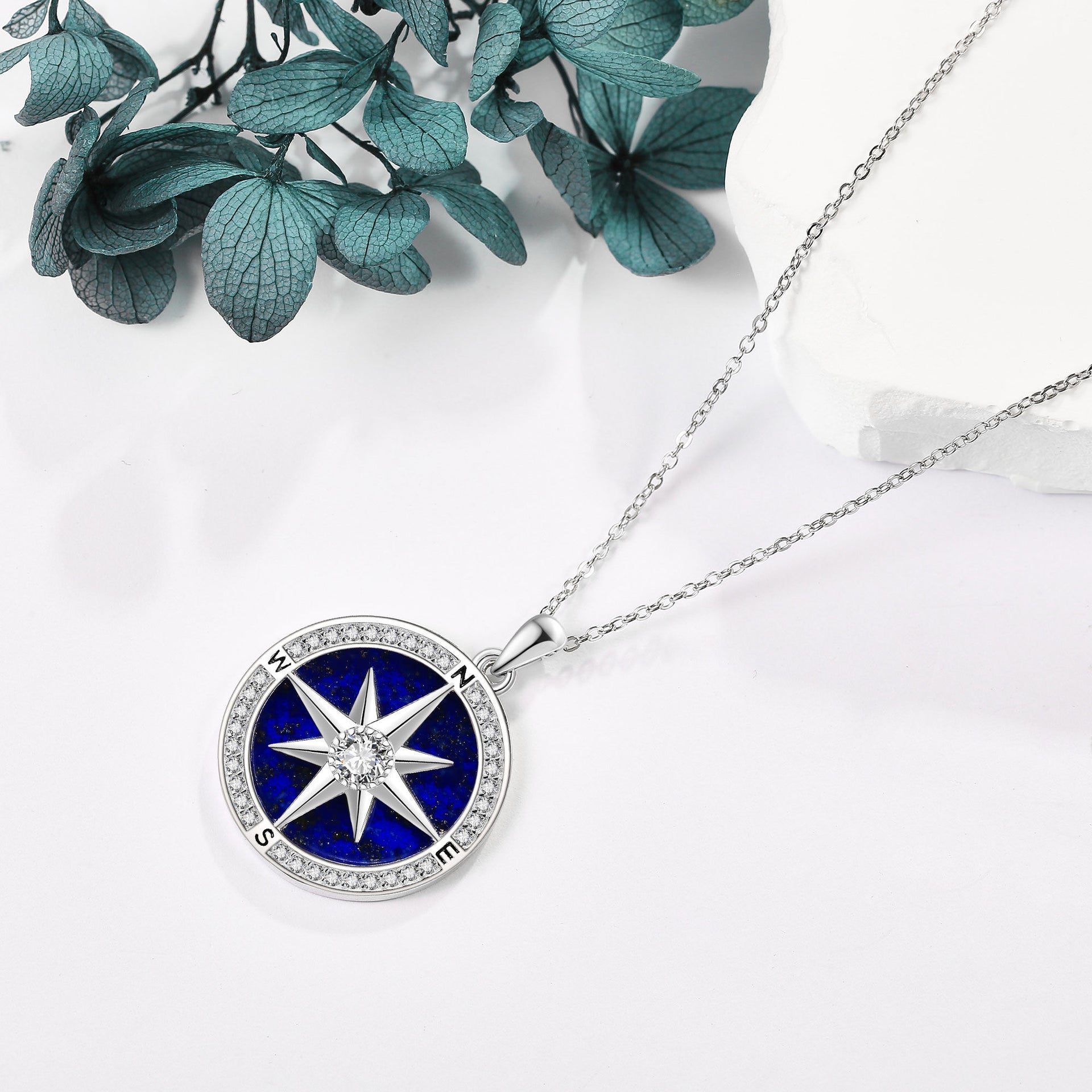 Sterling Silver Cubic Zirconia & Lapis Lazuli Compass Pendant Necklace