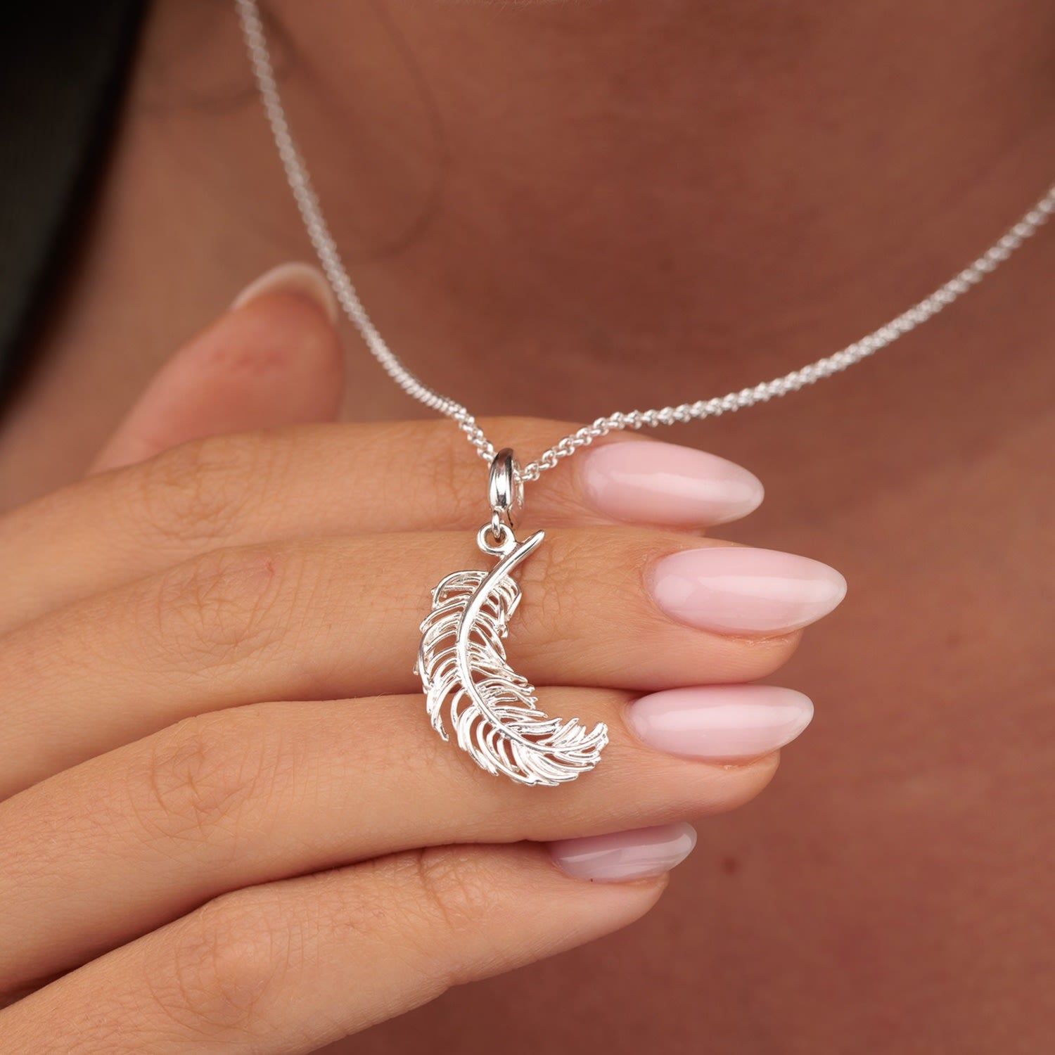 Sterling Silver Large Feather Charm Necklace