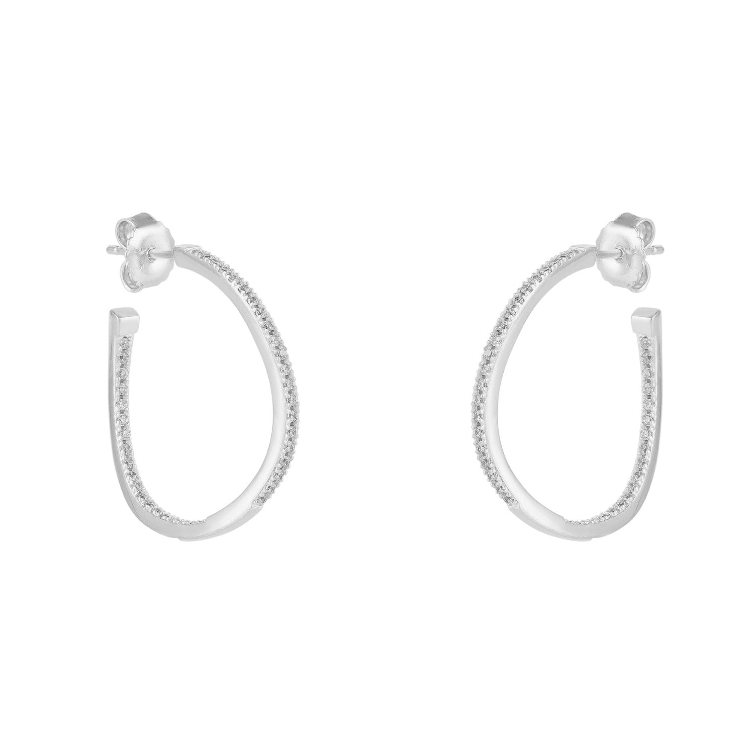 Sterling Silver Large Wavy Stud Hoop Earring With Interior Gemstones - Silver