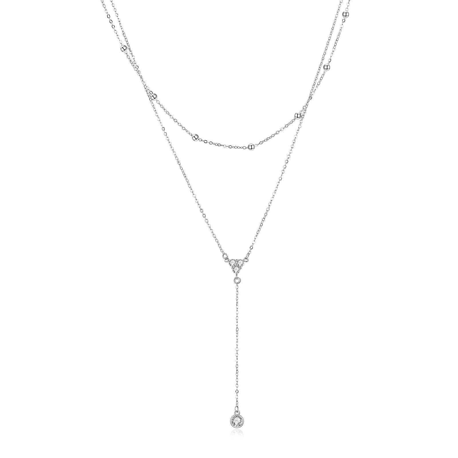 Sterling Silver Cubic Zirconia 2 Layered Y-necklace with Bead Station Chain