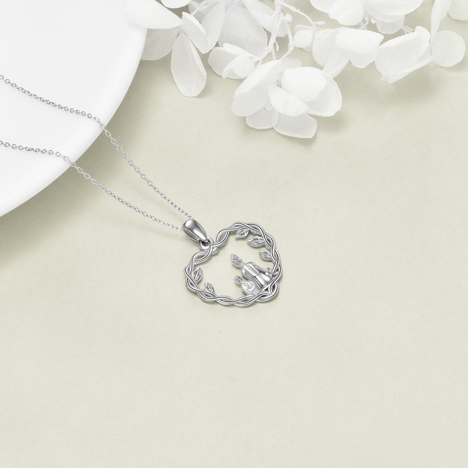 Sterling Silver Leaves Grandmother & Mother Heart Pendant Necklace