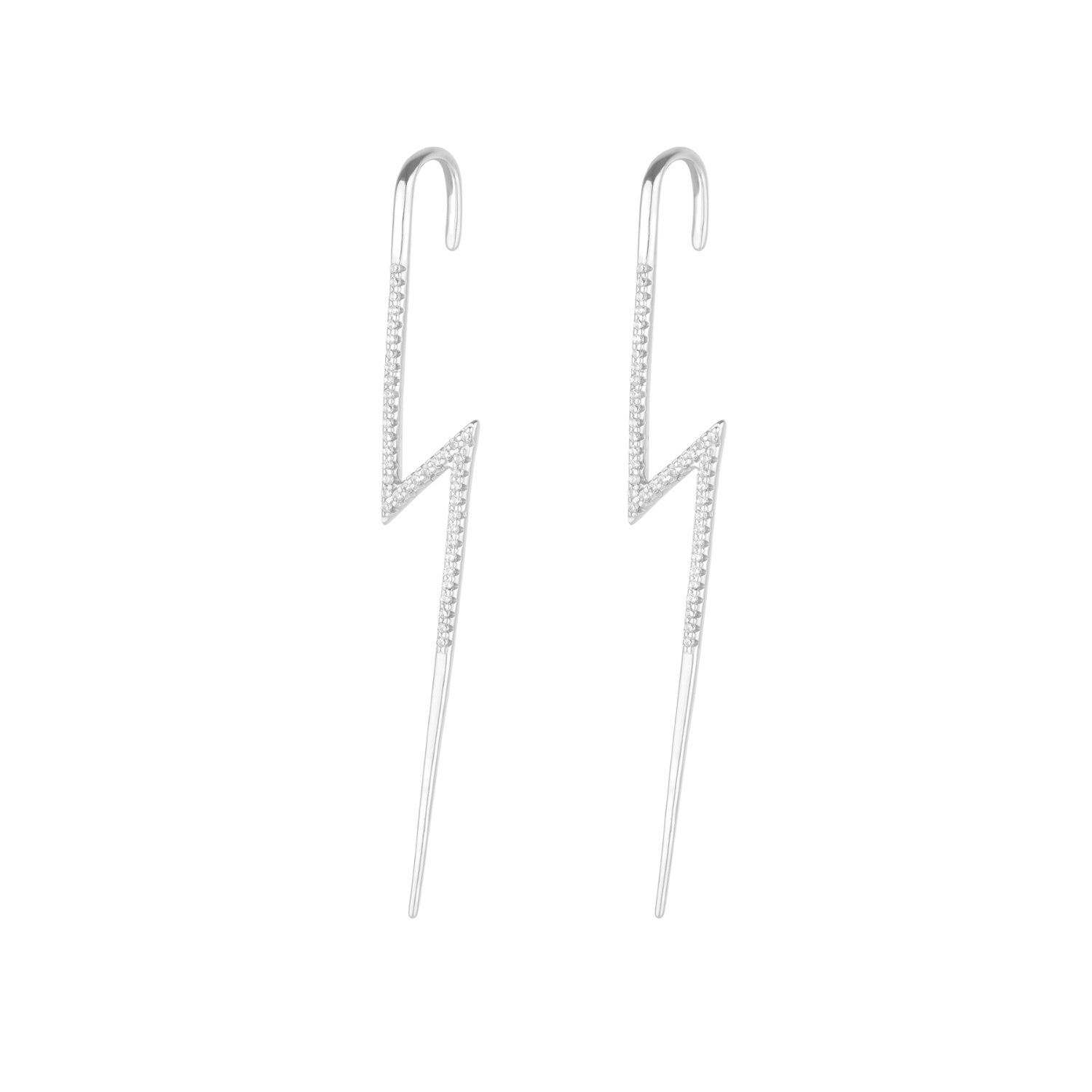 Sterling Silver Lightning Bolt Ear Crawler With Sparkling White Gemstones - Pair - Silver