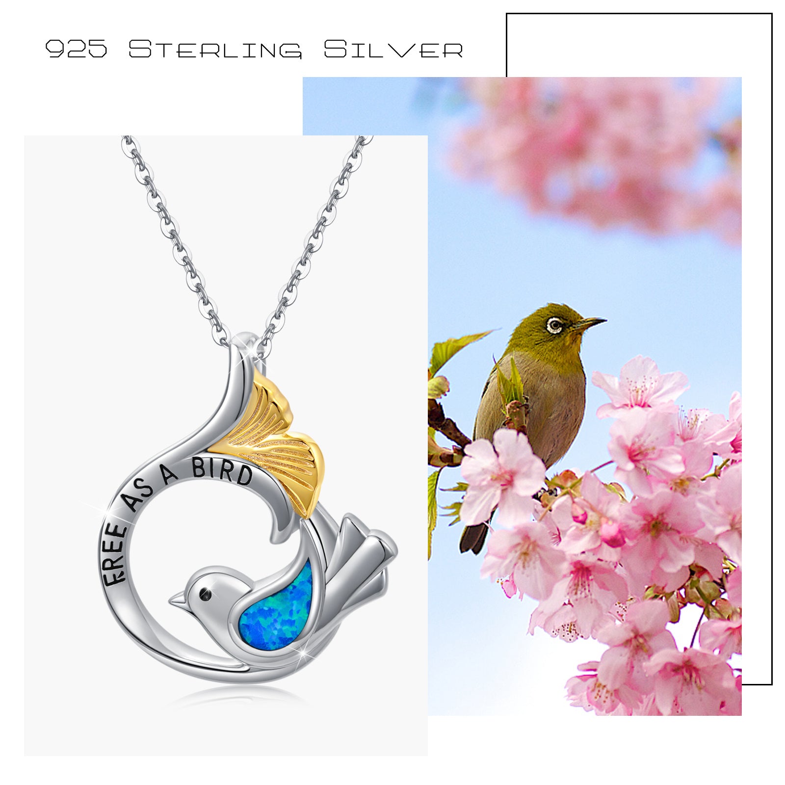 Sterling Silver Two-tone Opal Bird & Mermaid Tail Engraved Necklace for Women