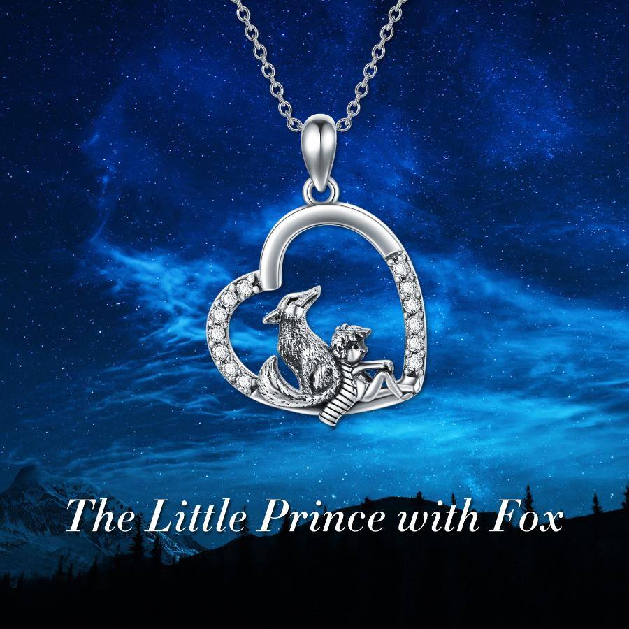 Sterling Silver Cubic Zirconia Little Prince & Fox Heart Pendant Necklace