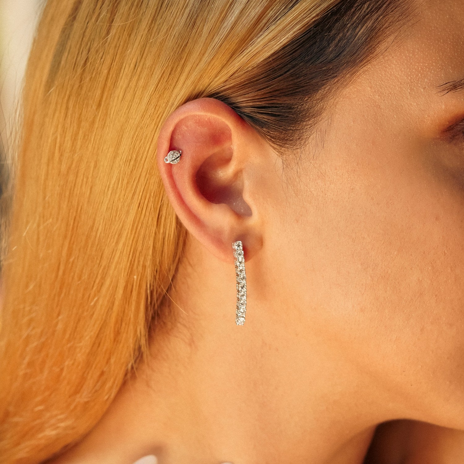 Sterling Silver Long Tennis Earring - Single