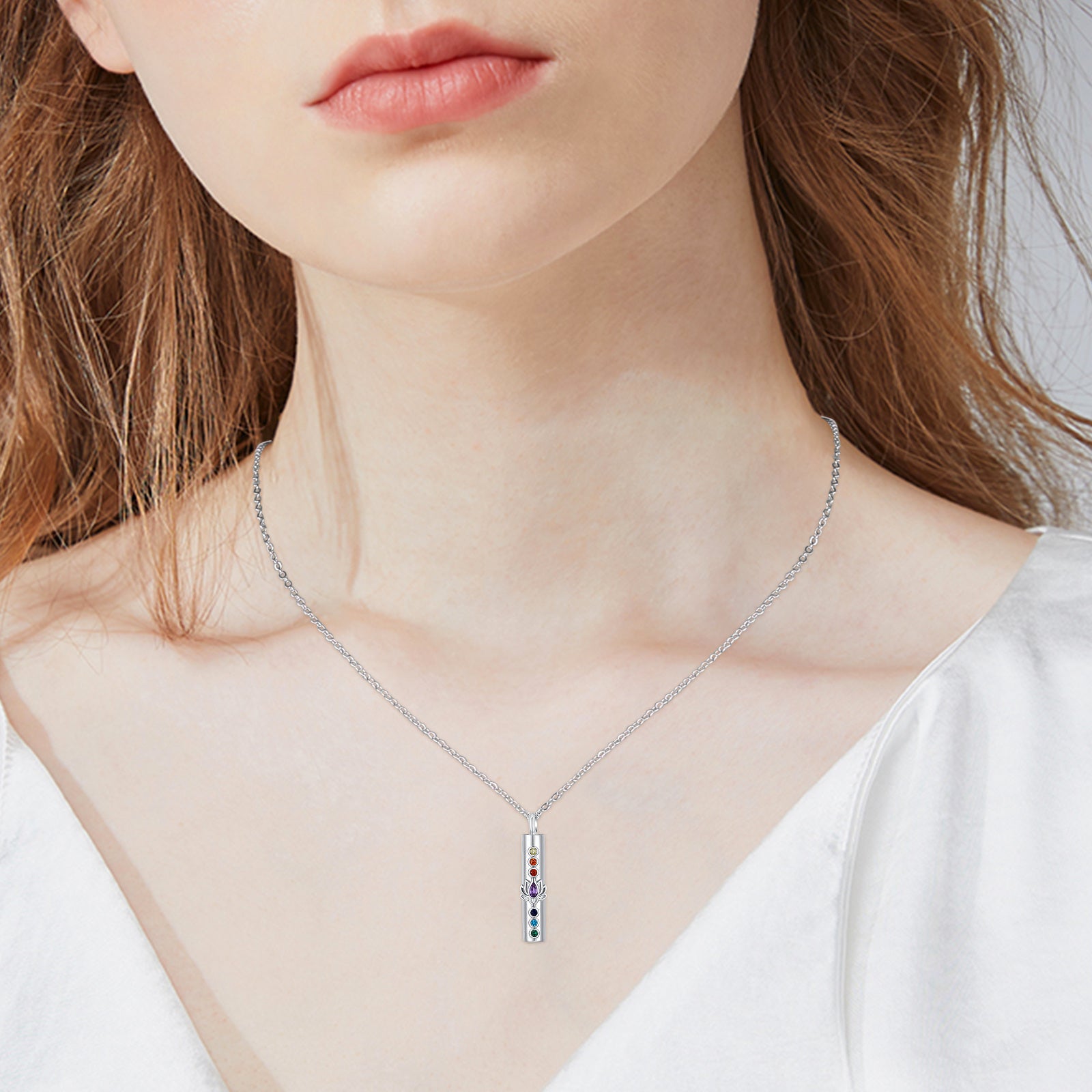 Sterling Silver Cubic Zirconia Lotus & Chakras Urn Necklace for Ashes