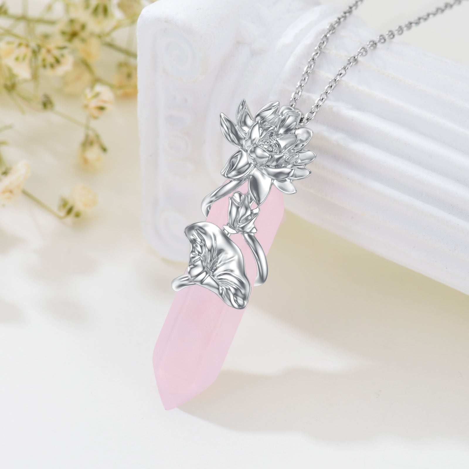 Sterling Silver Lotus Crystal Pendant Necklace
