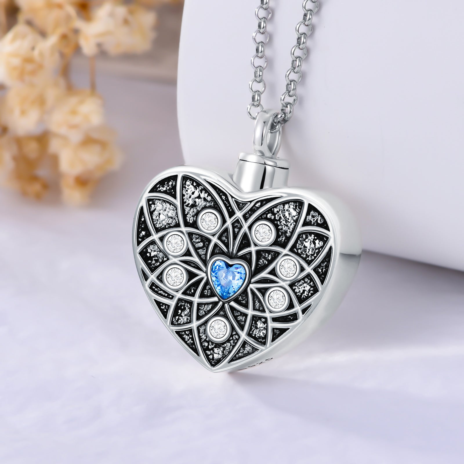 Sterling Silver Cubic Zirconia Lotus & Heart Urn Necklace for Ashes