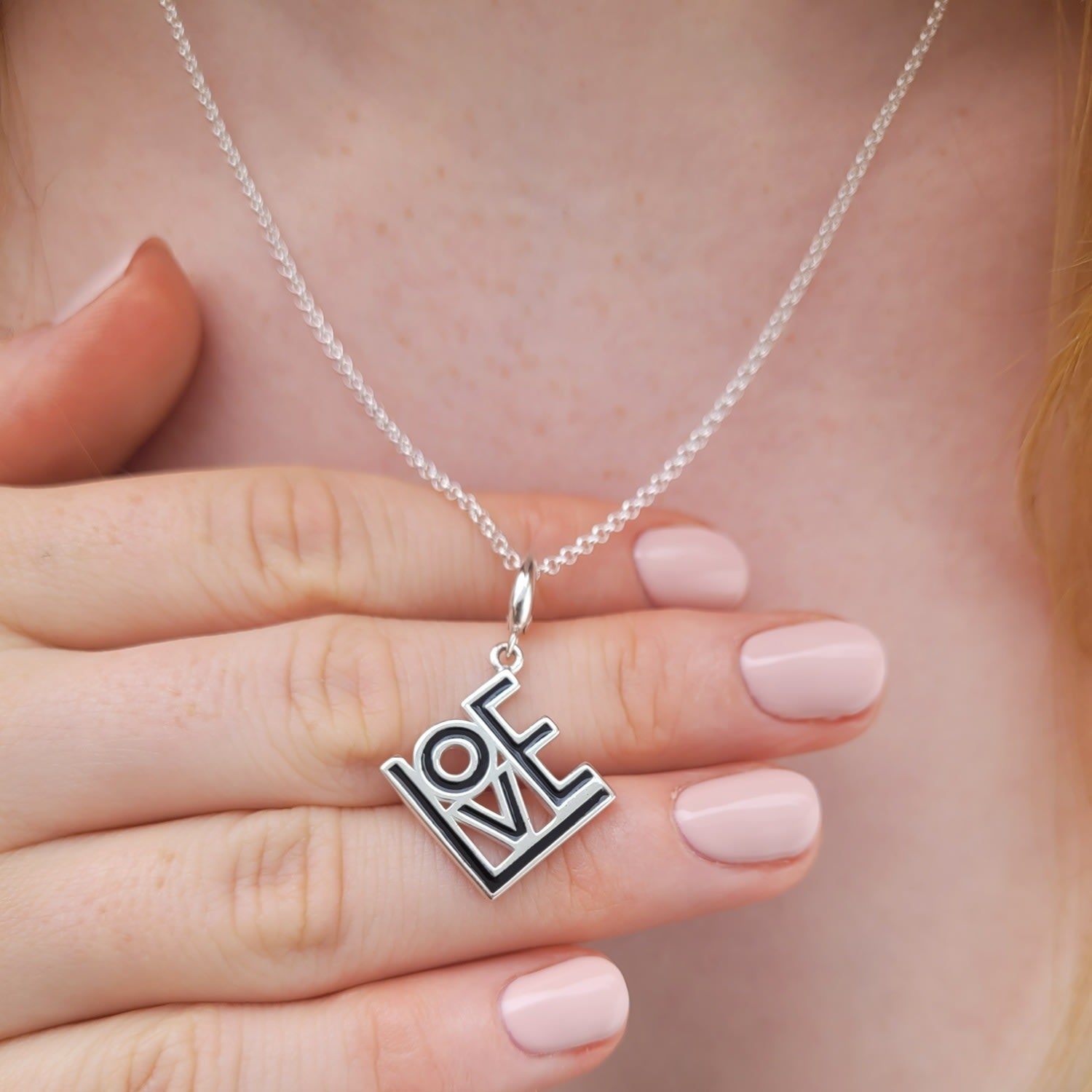 Sterling Silver Love Charm Necklace - Black Enamel