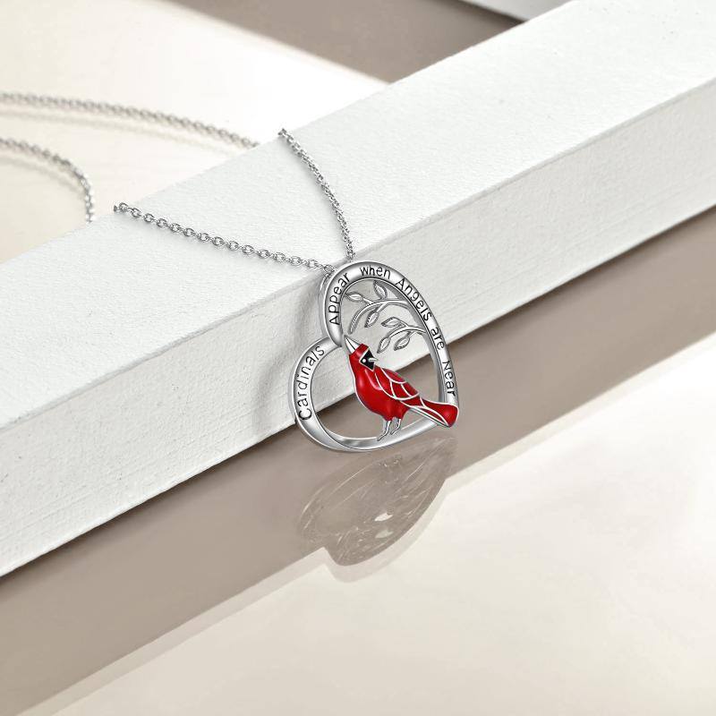 Sterling Silver Lucky Cardinal & Heart Pendant Necklace with Engraved Word