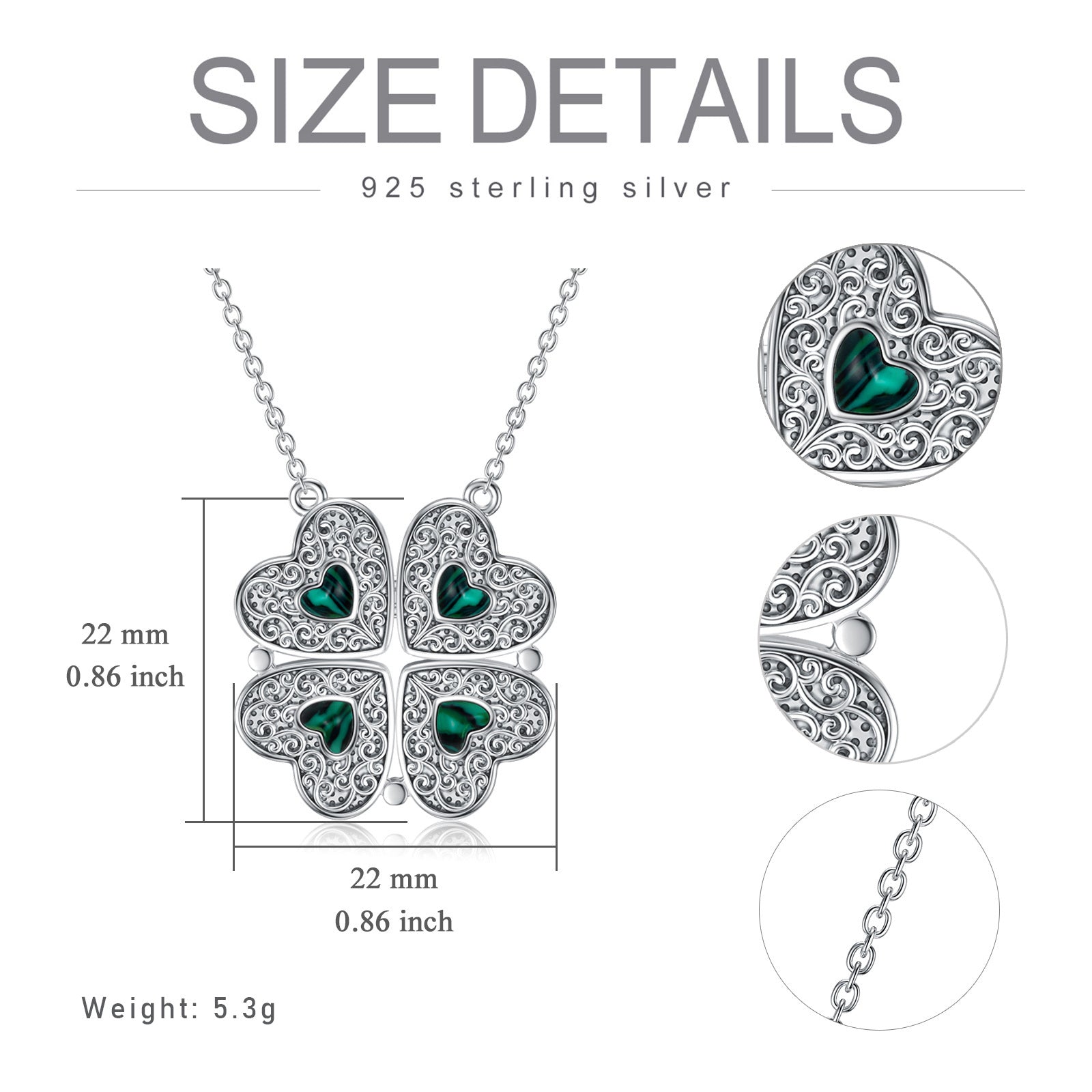 Sterling Silver Malachite Four Leaf Clover & Heart Pendant Necklace