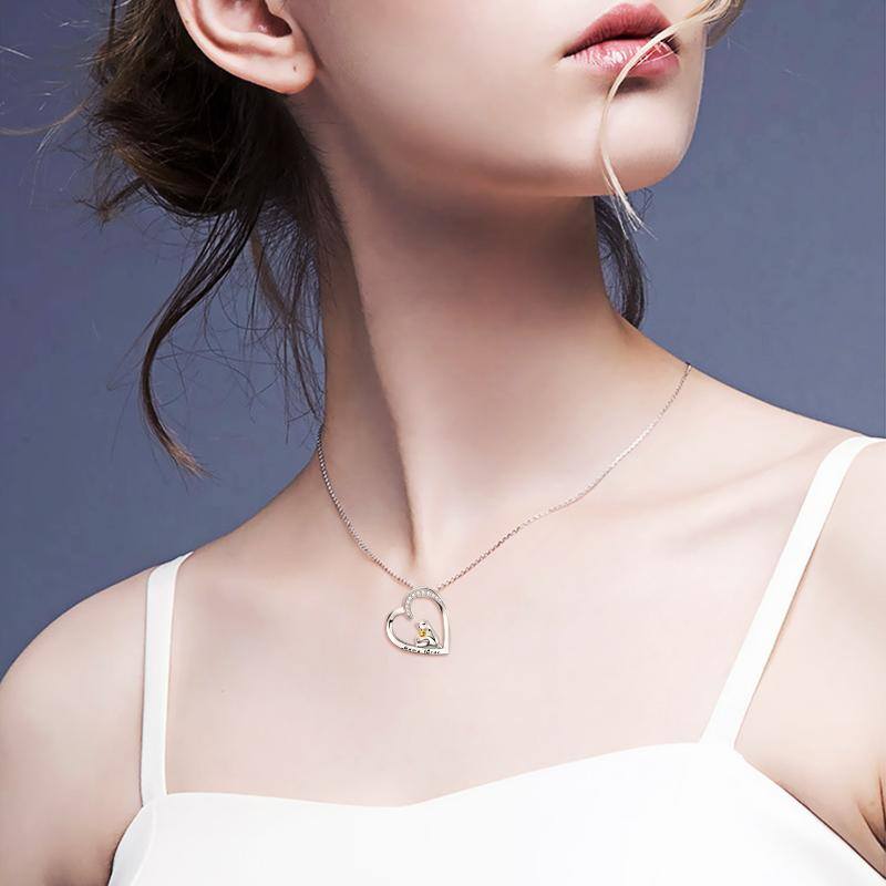 Sterling Silver Two-tone Cubic Zirconia Bear Engraved Heart Necklace for Women