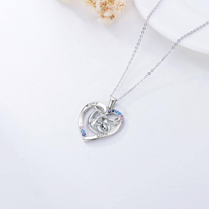 Sterling Silver Cubic Zirconia Mama Sloth Heart Pendant Necklace