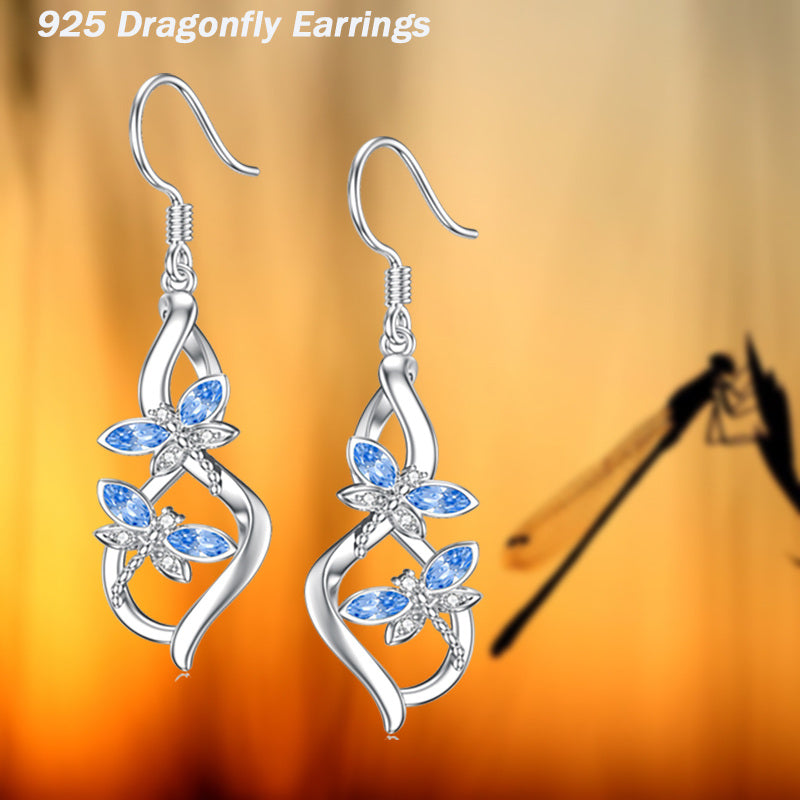 Sterling Silver Marquise Shaped Crystal Dragonfly Drop Earrings