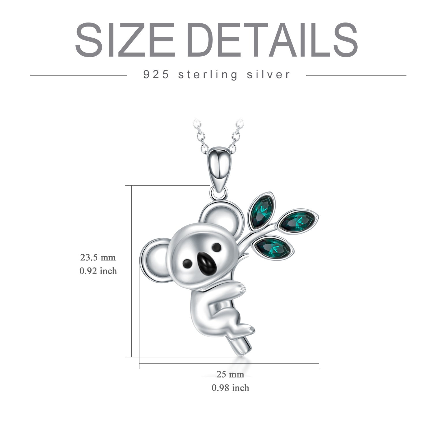 Sterling Silver Marquise Shaped Crystal Koala & Leaves Pendant Necklace