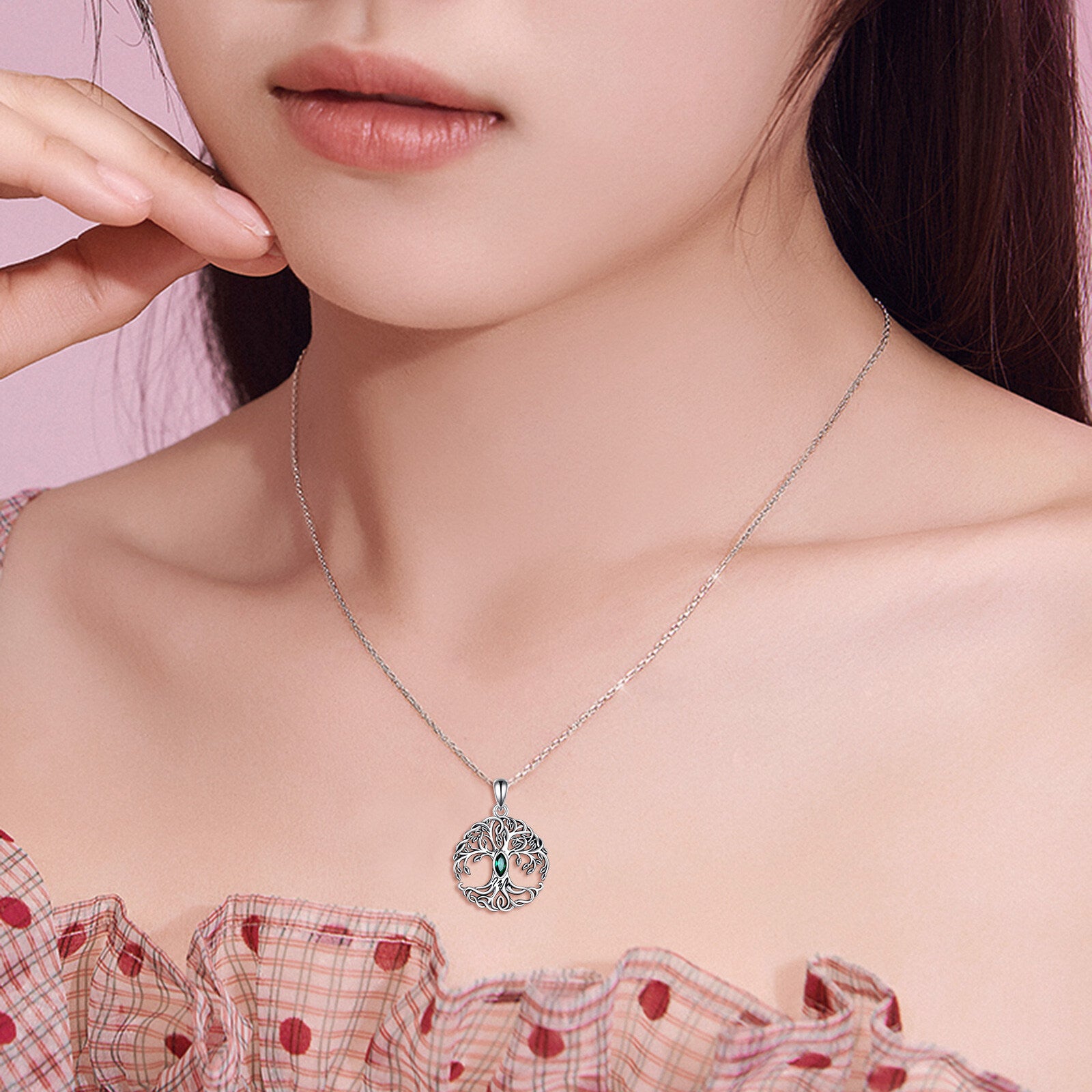 Sterling Silver Green Marquise Shaped Cubic Zirconia Tree Of Life Pendant Necklace