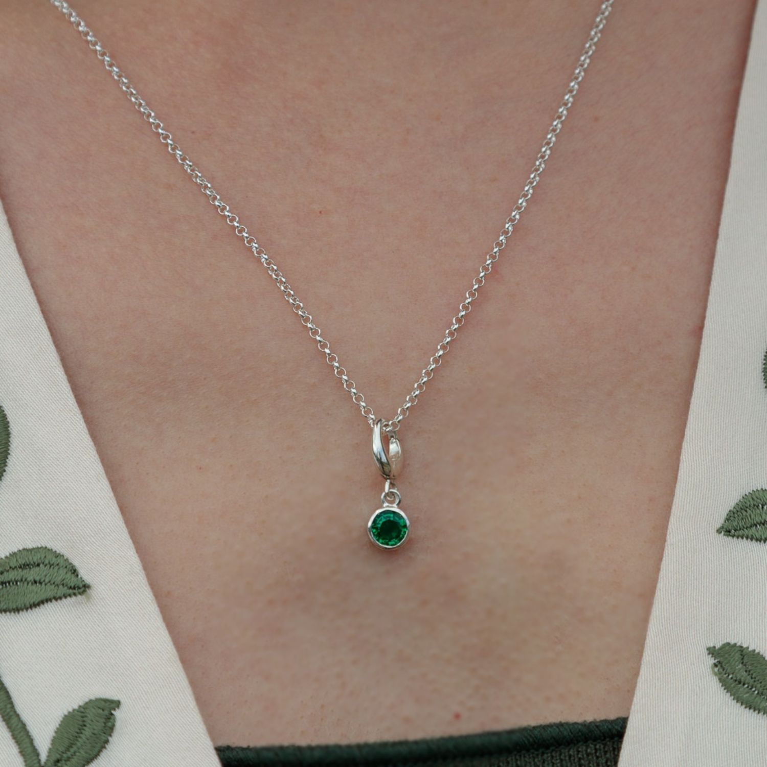 Sterling Silver May Birthstone Charm Necklace - Emerald