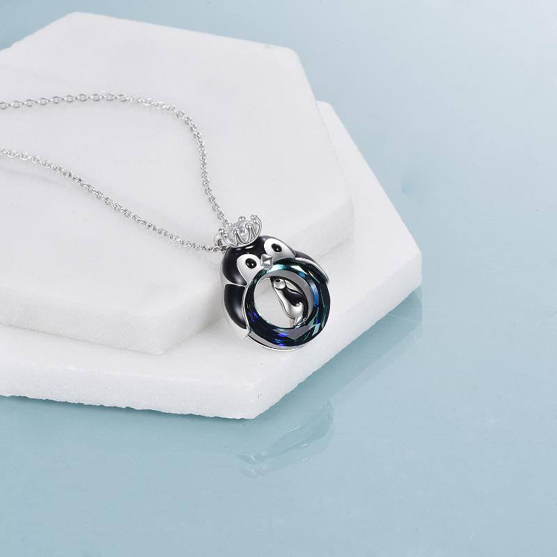 Sterling Silver Mom & Baby Penguin Crystal Pendant Necklace