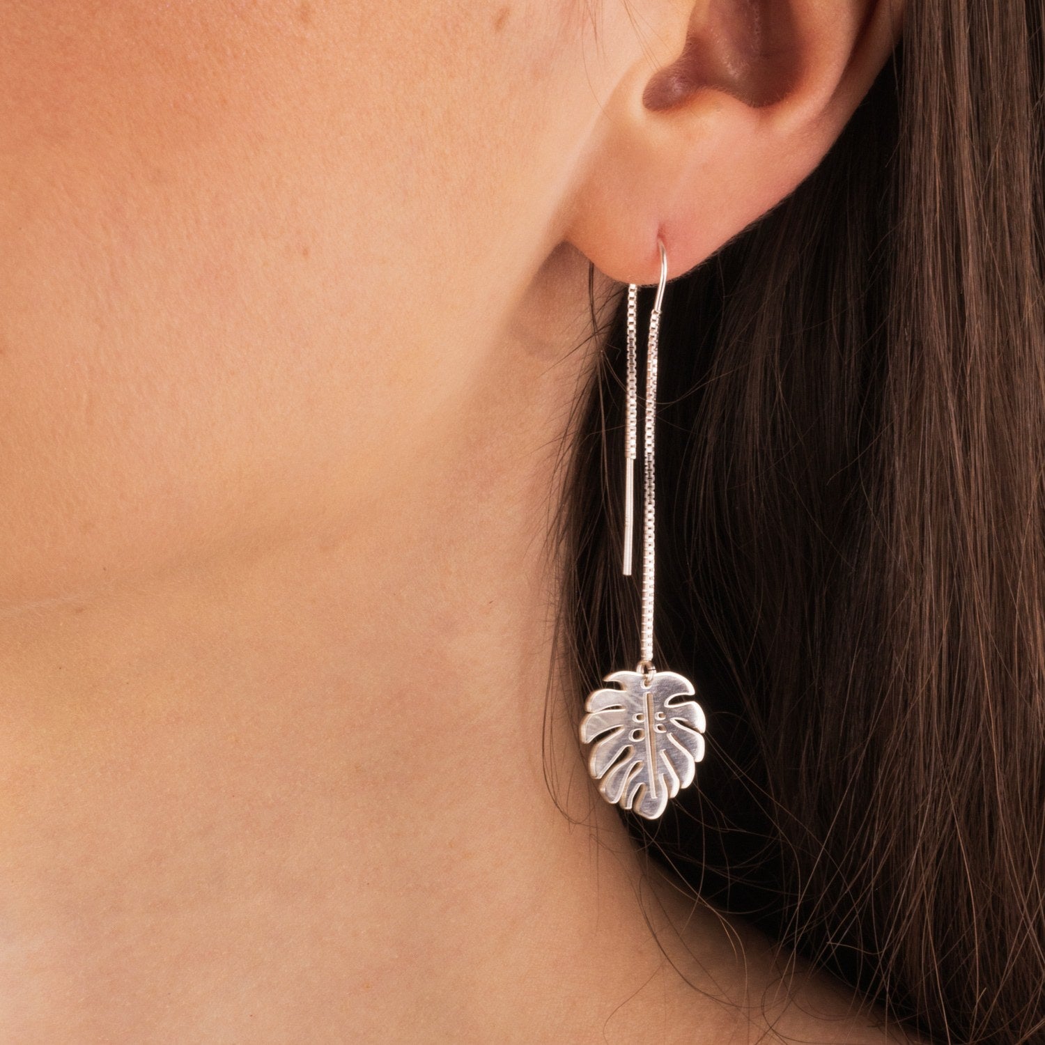 Sterling Silver Monstera Leaf Dangle Chain Earrings
