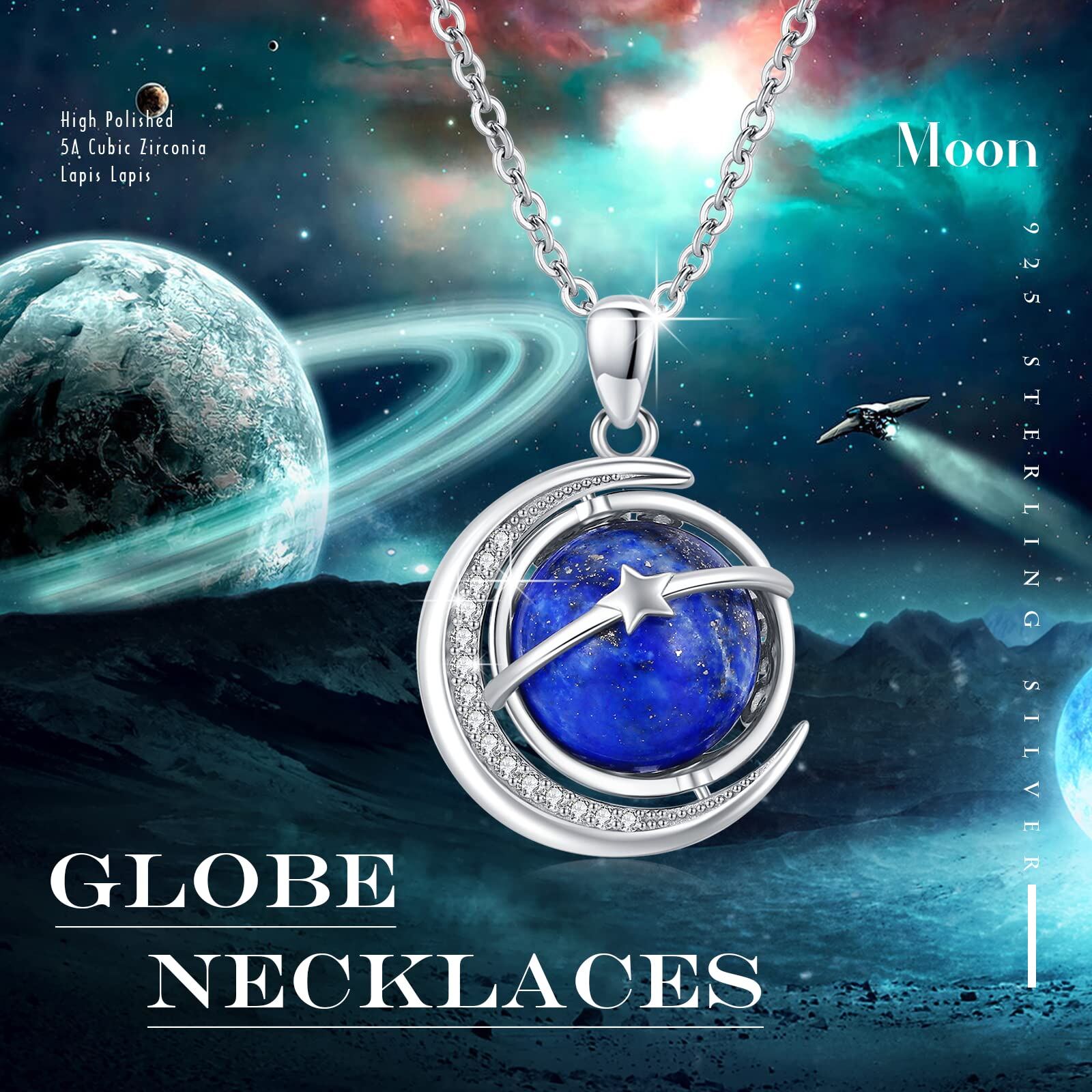 Sterling Silver Moon & Planet Pendant Necklace