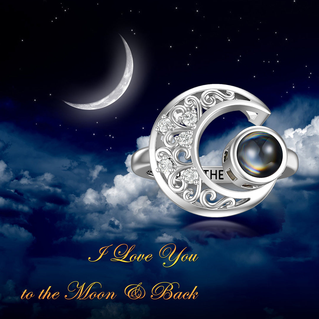 Sterling Silver Cubic Zirconia Moon Ring with Engraved Word