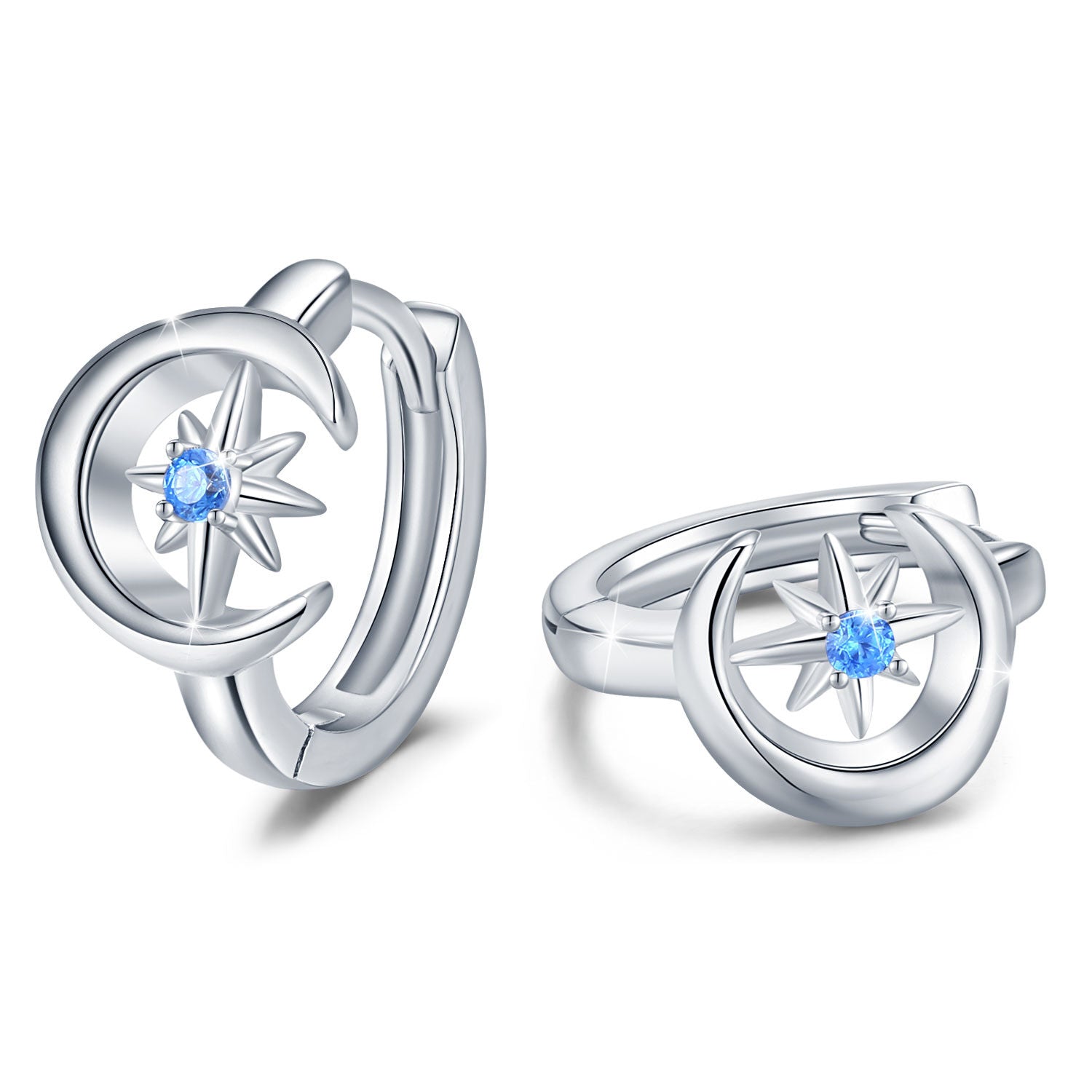 Sterling Silver Cubic Zirconia Moon & Star Hoop Earrings