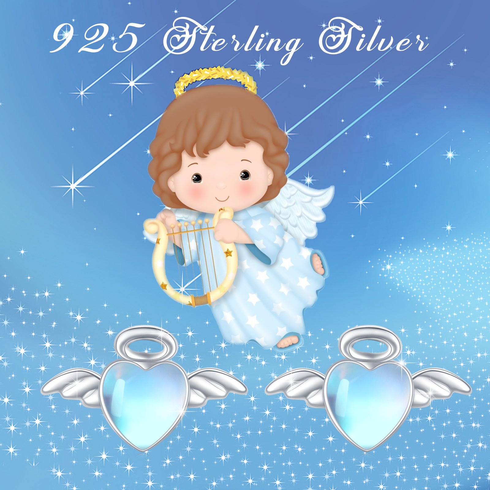 Sterling Silver Moonstone Angel Wing & Heart Stud Earrings