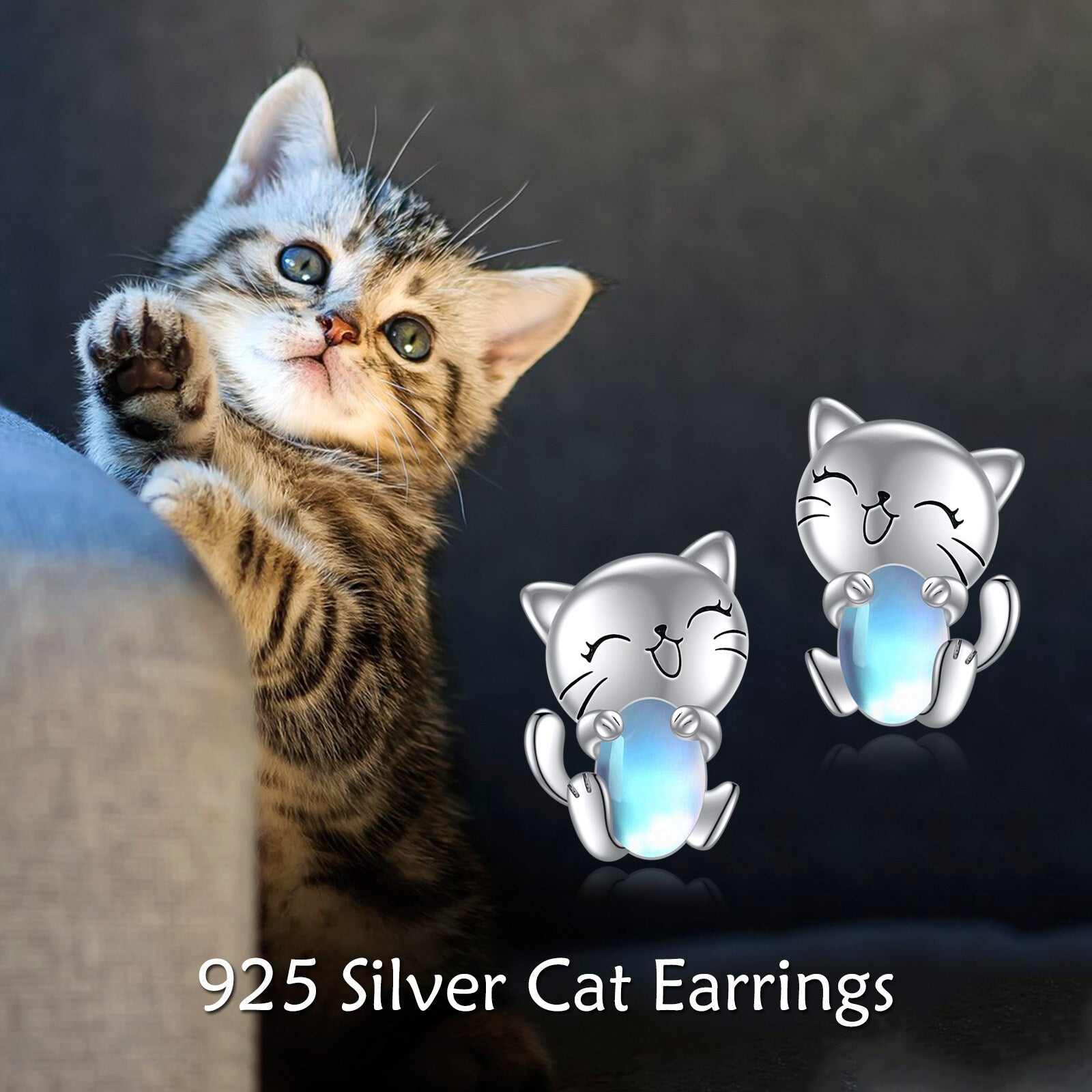Sterling Silver Moonstone Cat Stud Earrings