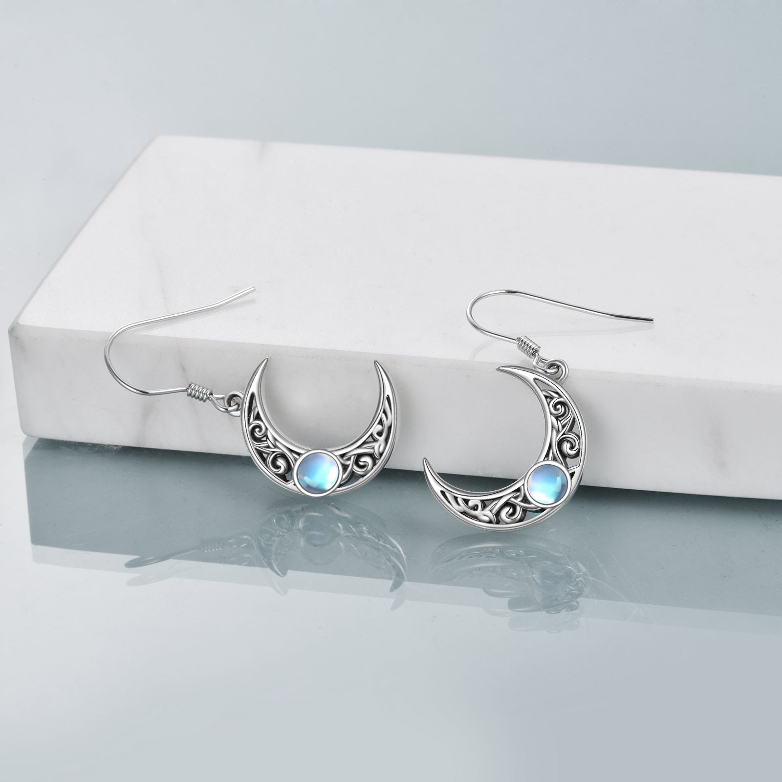 Sterling Silver Moonstone Celtic Knot & Moon Drop Earrings for Women