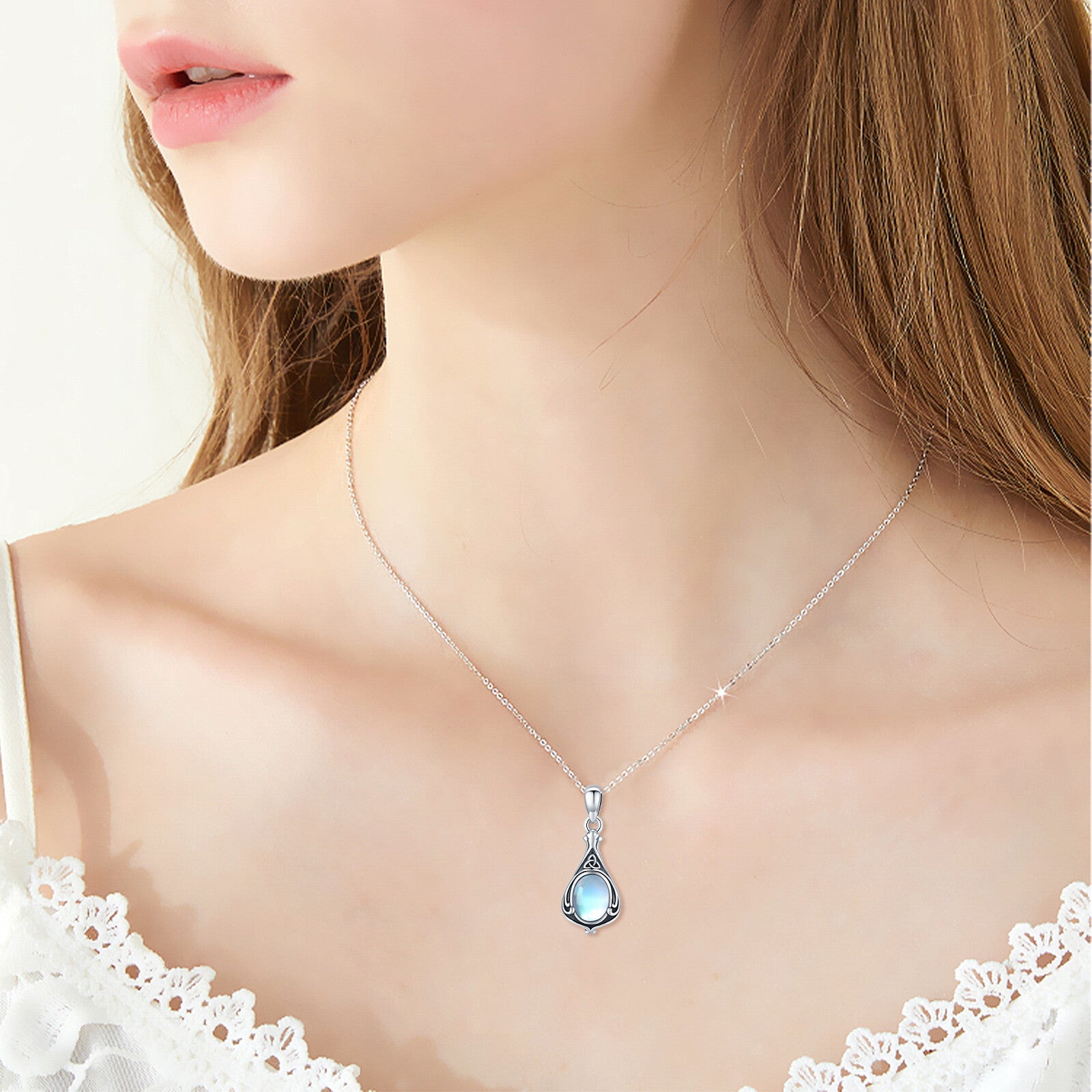 Sterling Silver Moonstone Celtic Knot & Triforce Urn Necklace for Ashes