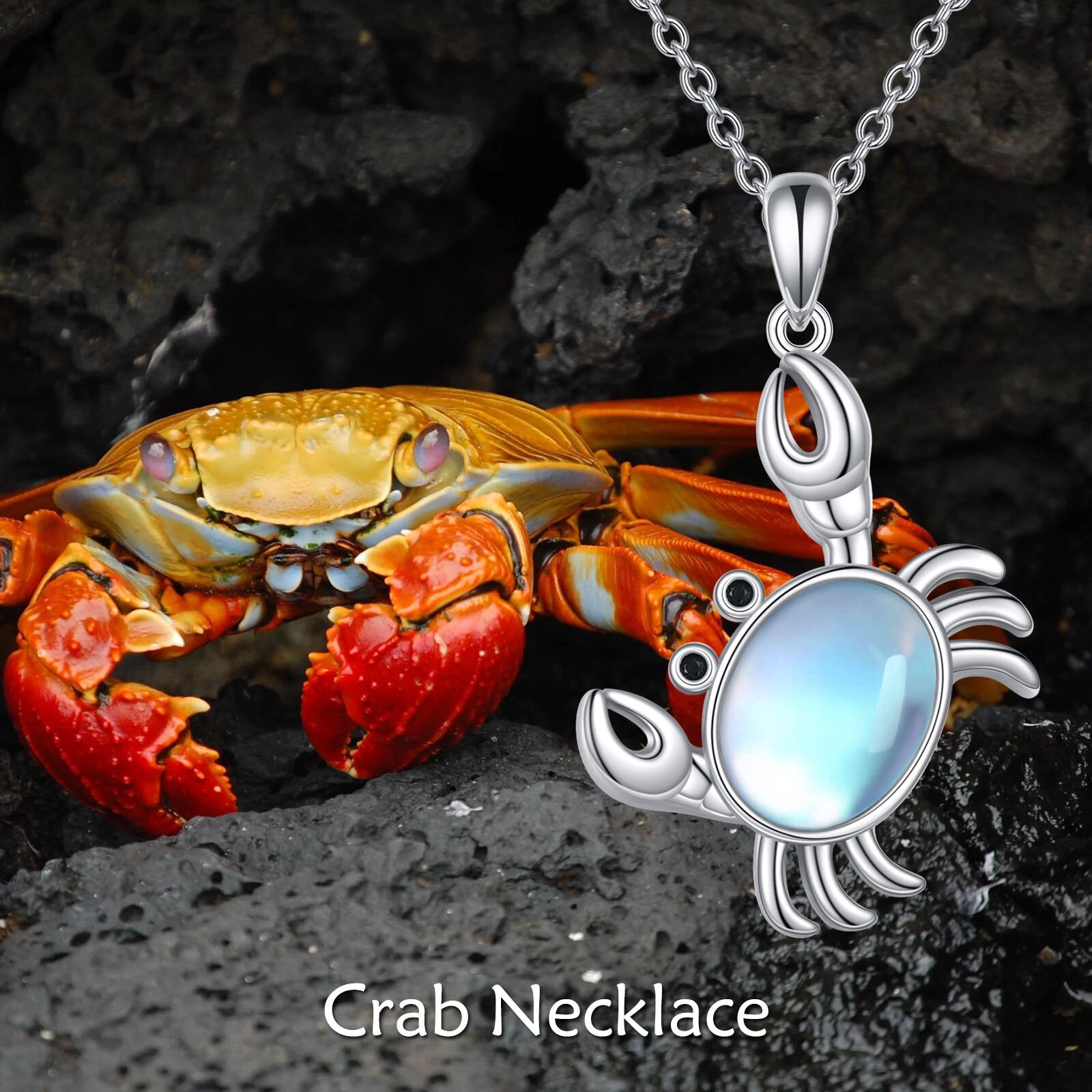 Sterling Silver Moonstone Crab Pendant Necklace