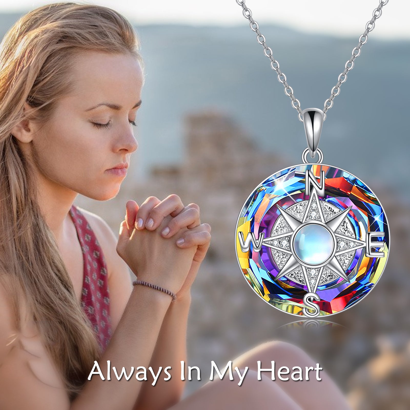 Sterling Silver Moonstone & Crystal Compass Urn Necklace for Ashes