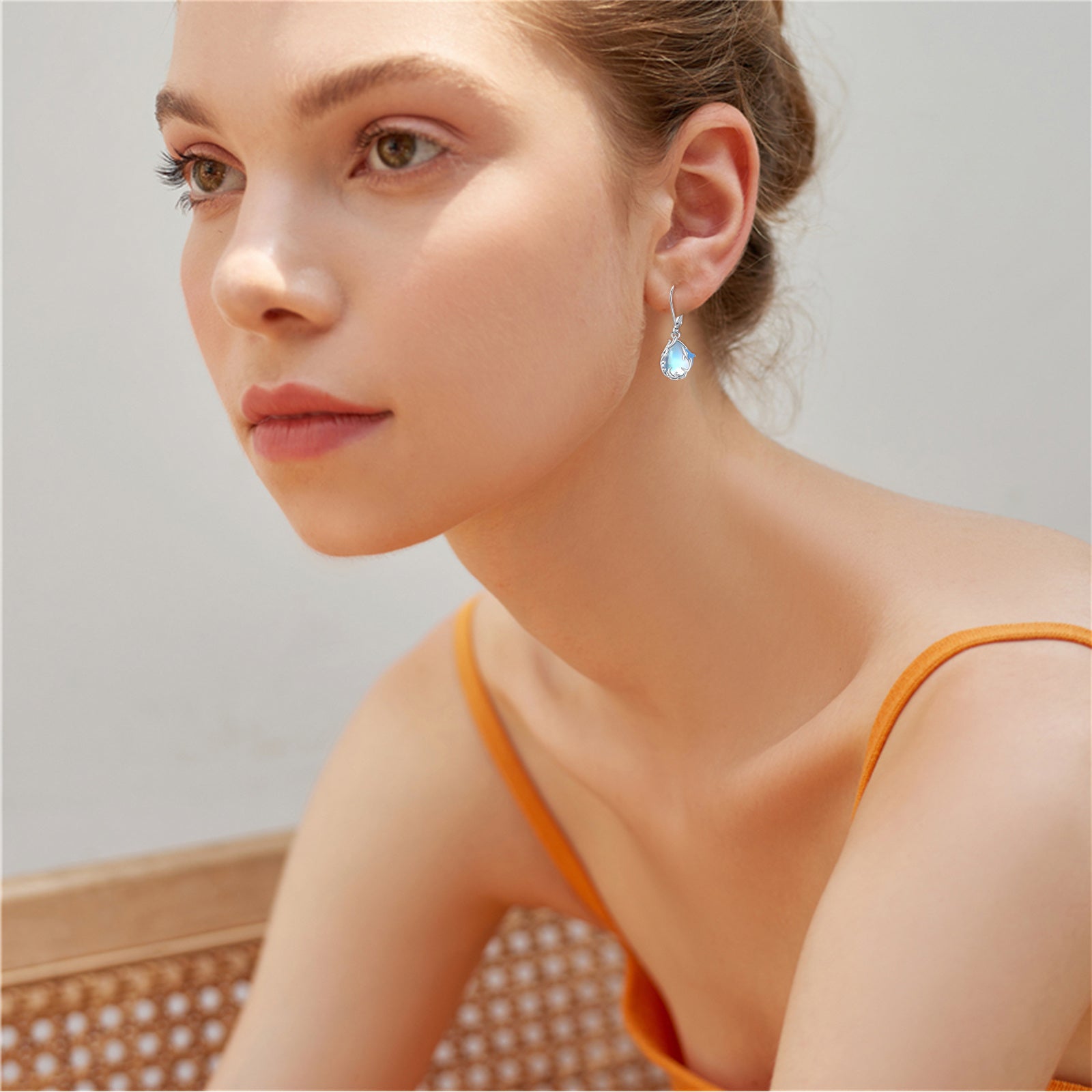 Sterling Silver Moonstone Dolphin & Drop Shape Lever-back Earrings