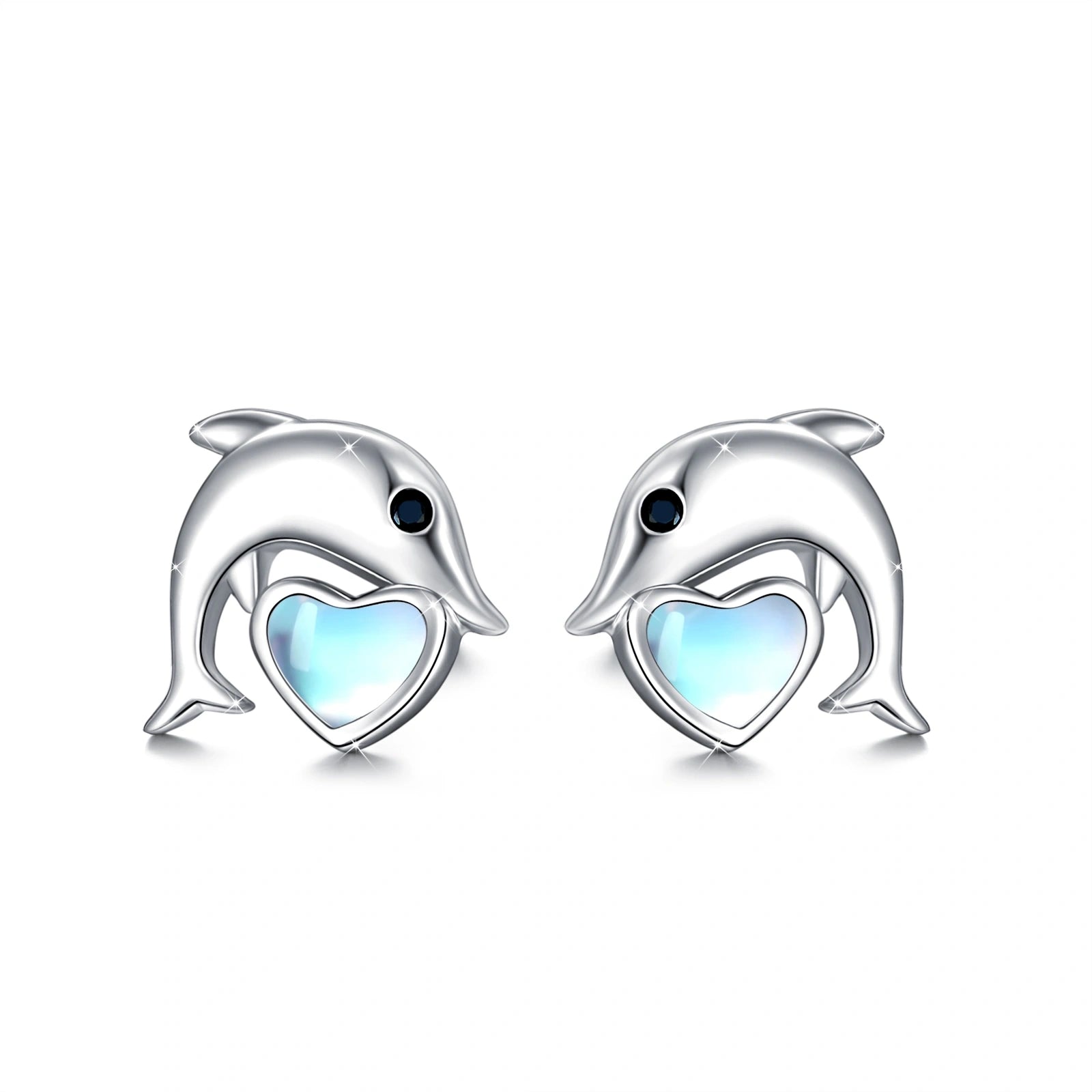 Sterling Silver Moonstone Dolphin & Heart Stud Earrings