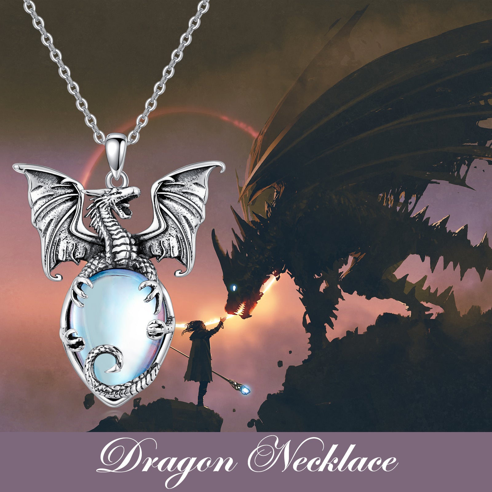 Sterling Silver Moonstone Dragon Pendant Necklace