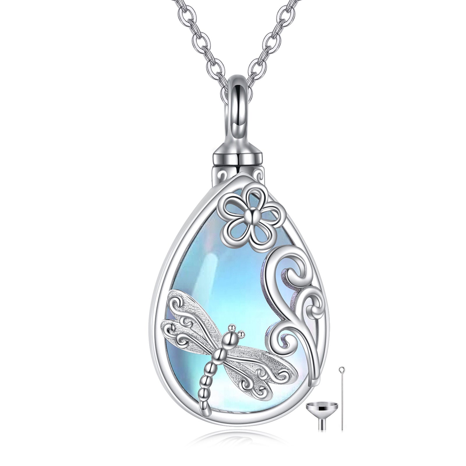 Sterling Silver Moonstone Dragonfly & Celtic Knot Urn Necklace for Ashes with Engraved Word