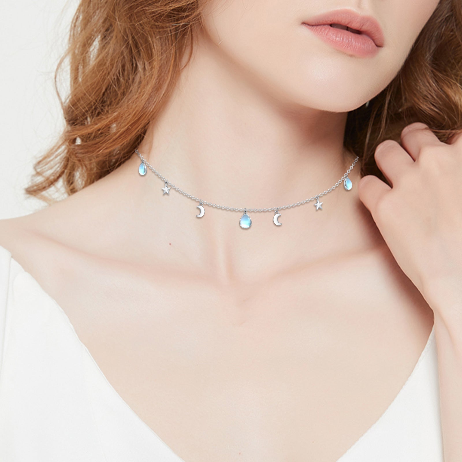 Sterling Silver Moonstone Star Metal Choker Necklace For Women