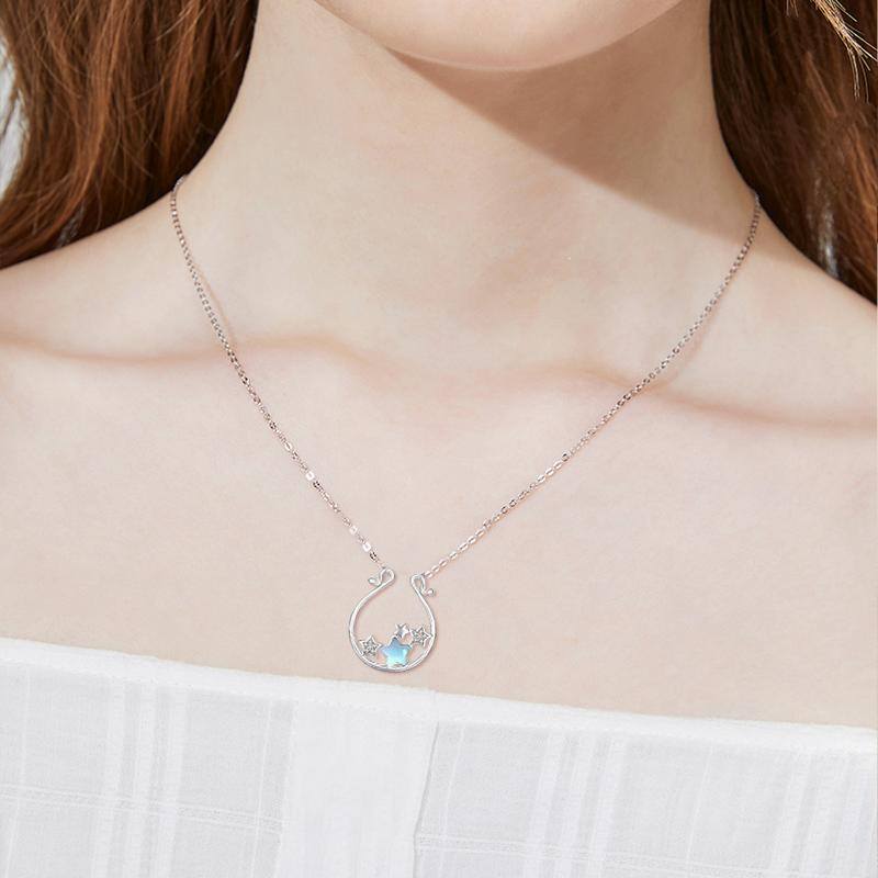 Sterling Silver Moonstone Five-pointed Star Pendant Necklace