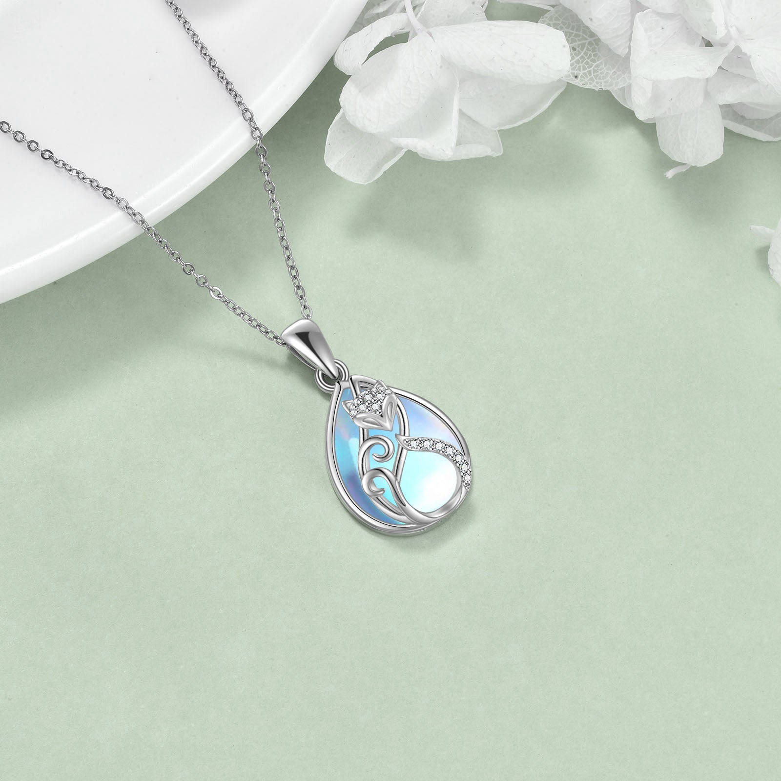 Sterling Silver Moonstone Fox Pendant Necklace