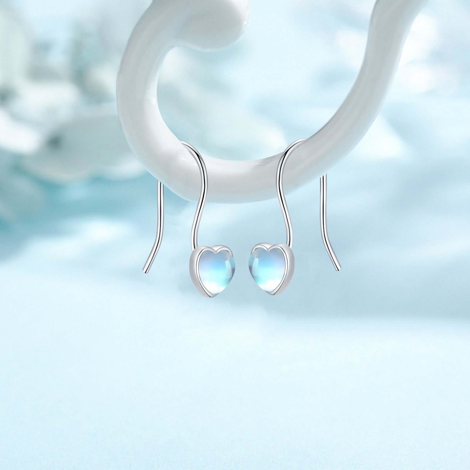 Sterling Silver Moonstone Heart Drop Earrings