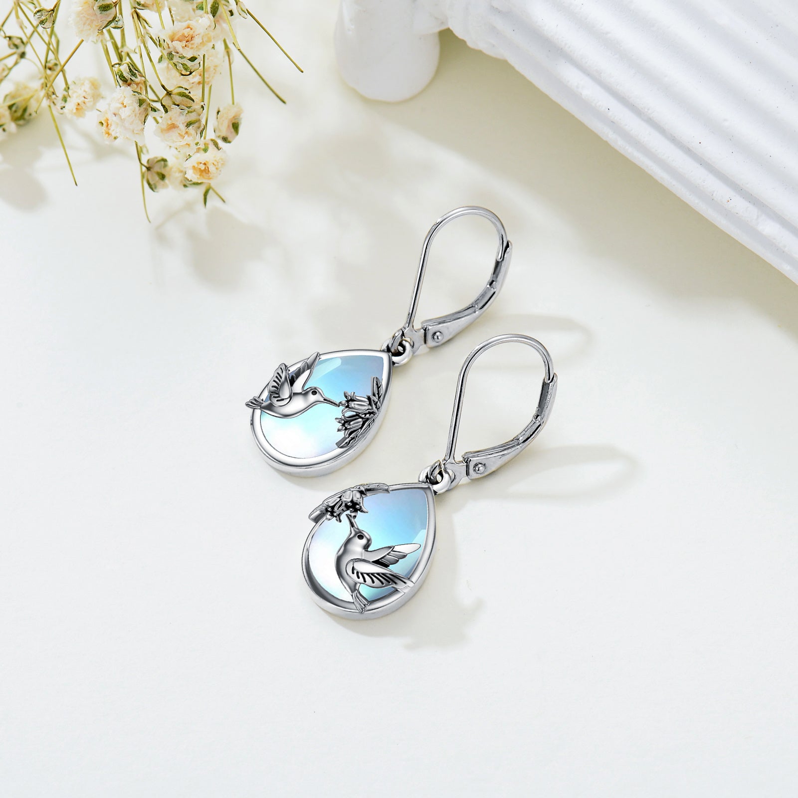 Sterling Silver Moonstone Hummingbird Lever-back Earrings