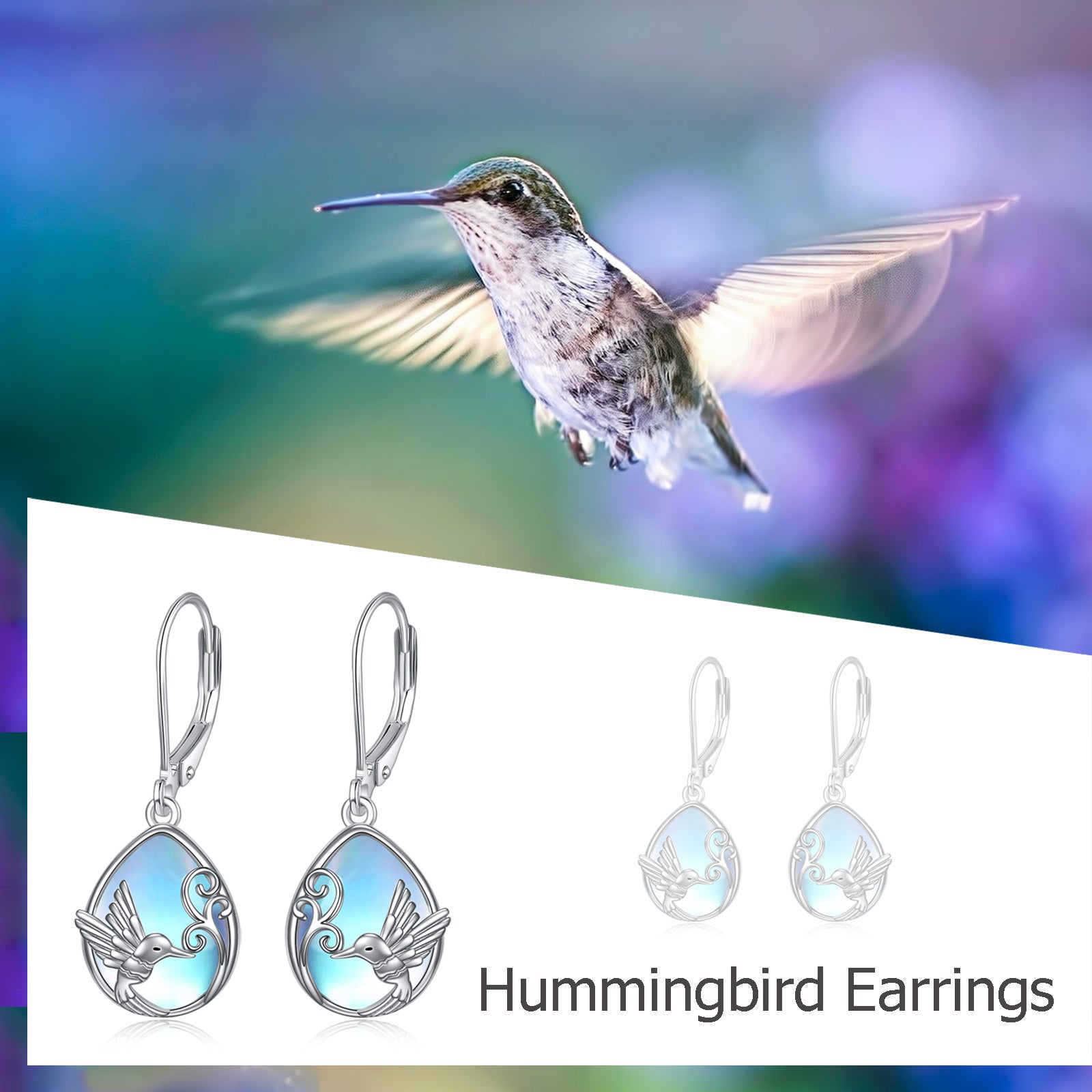 Sterling Silver Moonstone Hummingbird Lever-back Earrings