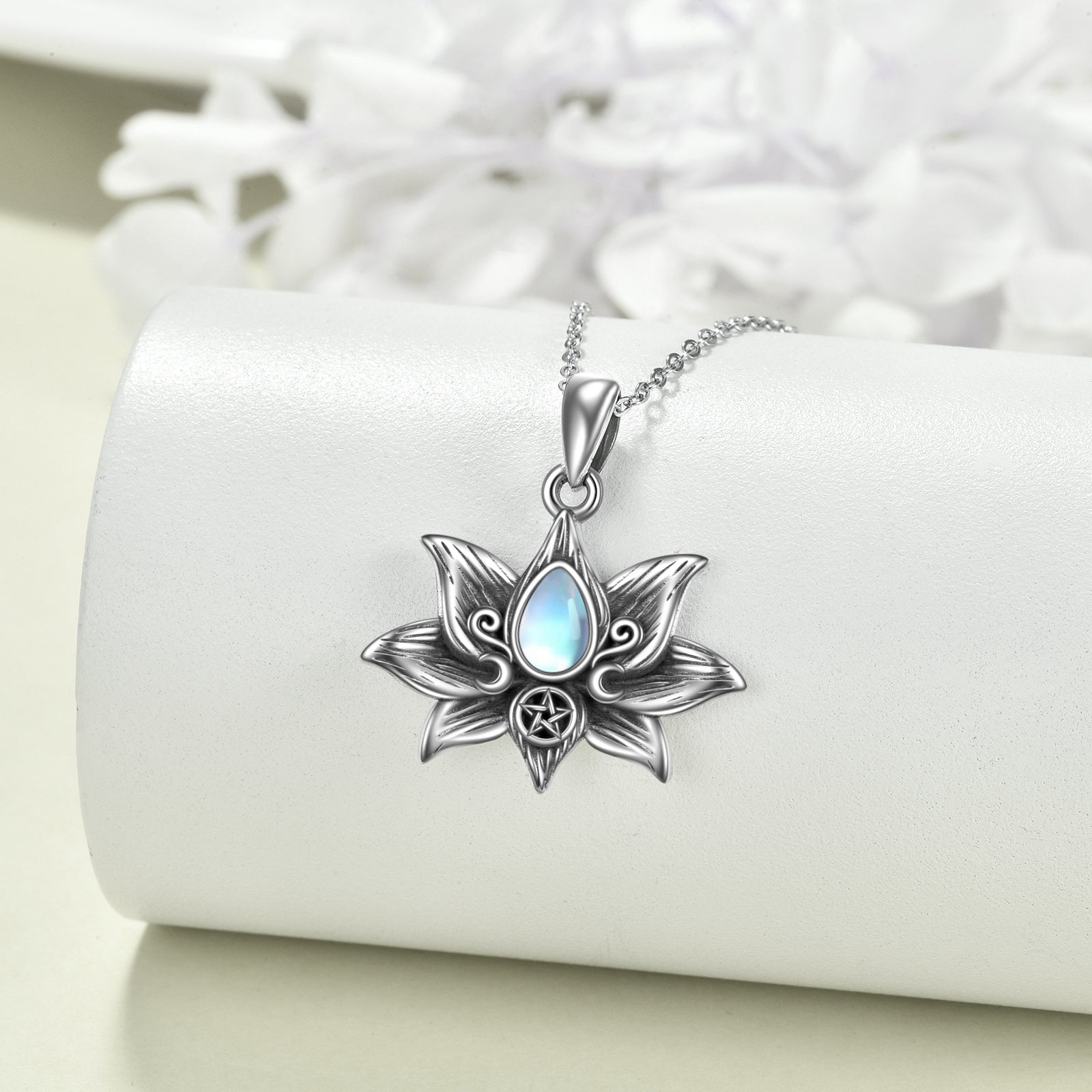 Sterling Silver Moonstone Lotus Moon Goddess Pendant Necklace