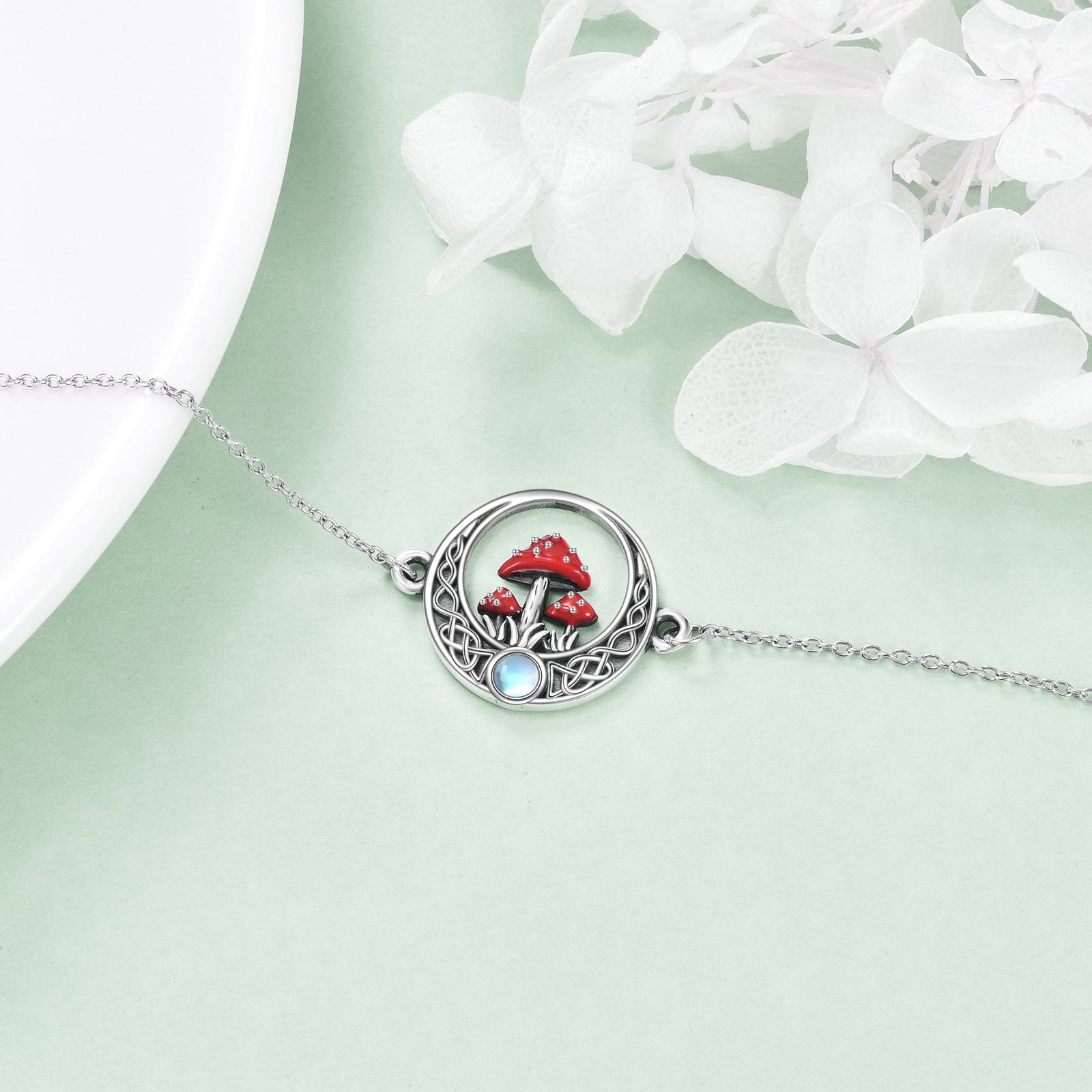 Sterling Silver Moonstone Mushroom & Celtic Knot Charm Bracelet