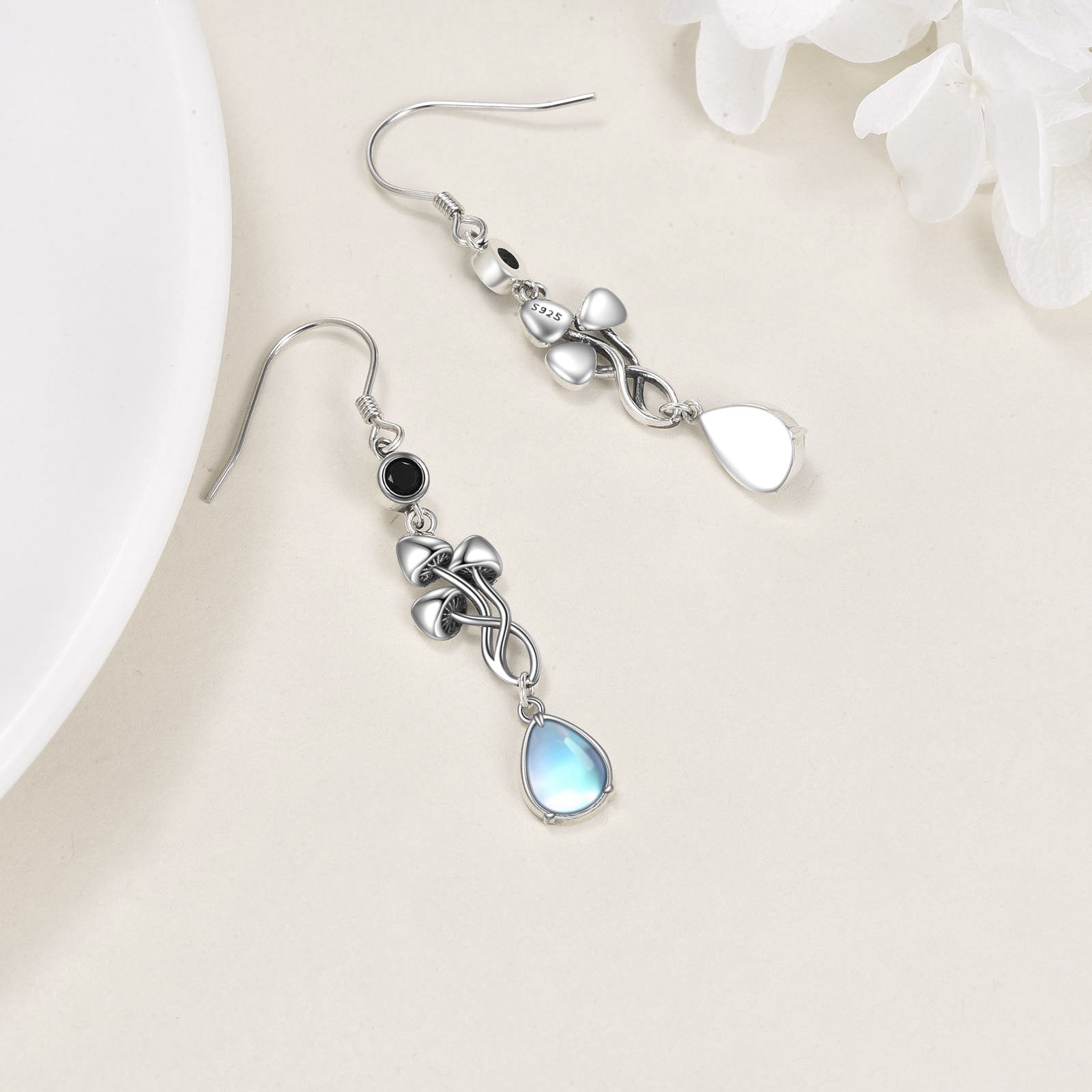 Sterling Silver Drop Moonstone With Cubic Zirconia Mushroom Earrings For Women