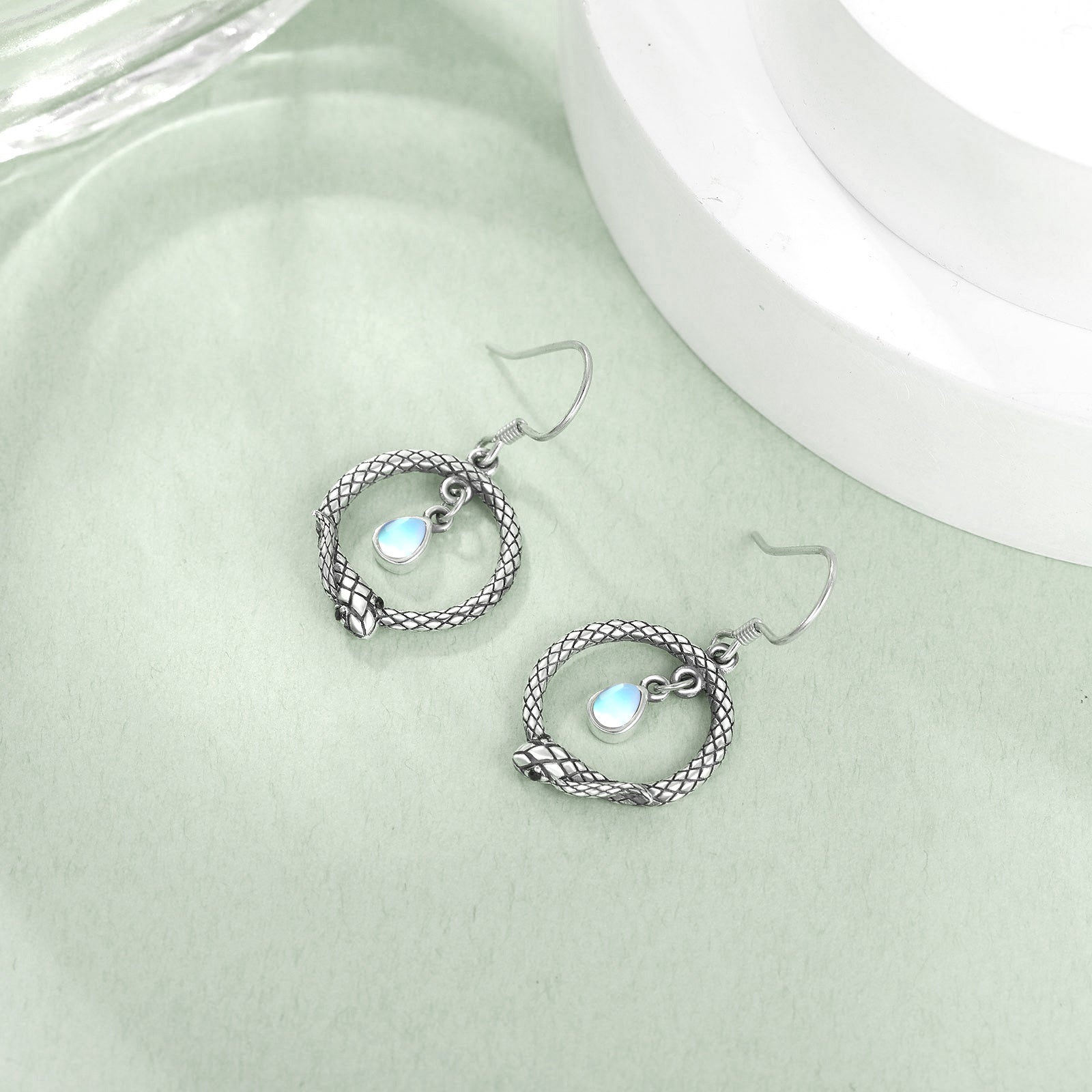 Sterling Silver Moonstone Snake Drop Earrings